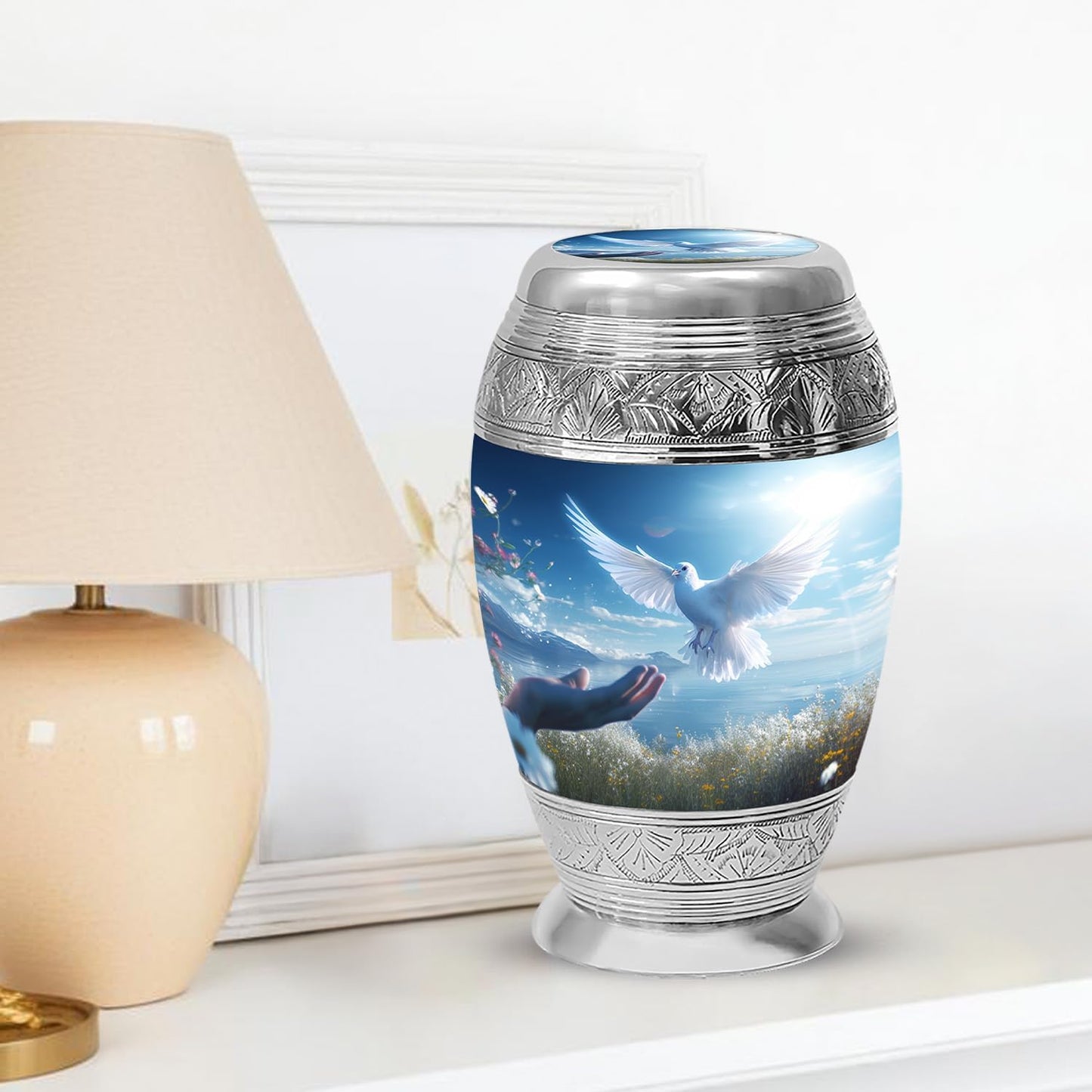 YASUBJAG Dove Urn - Aluminium Cremation Urn for Adults, Multicolor, Birds Pattern, 10 Inch