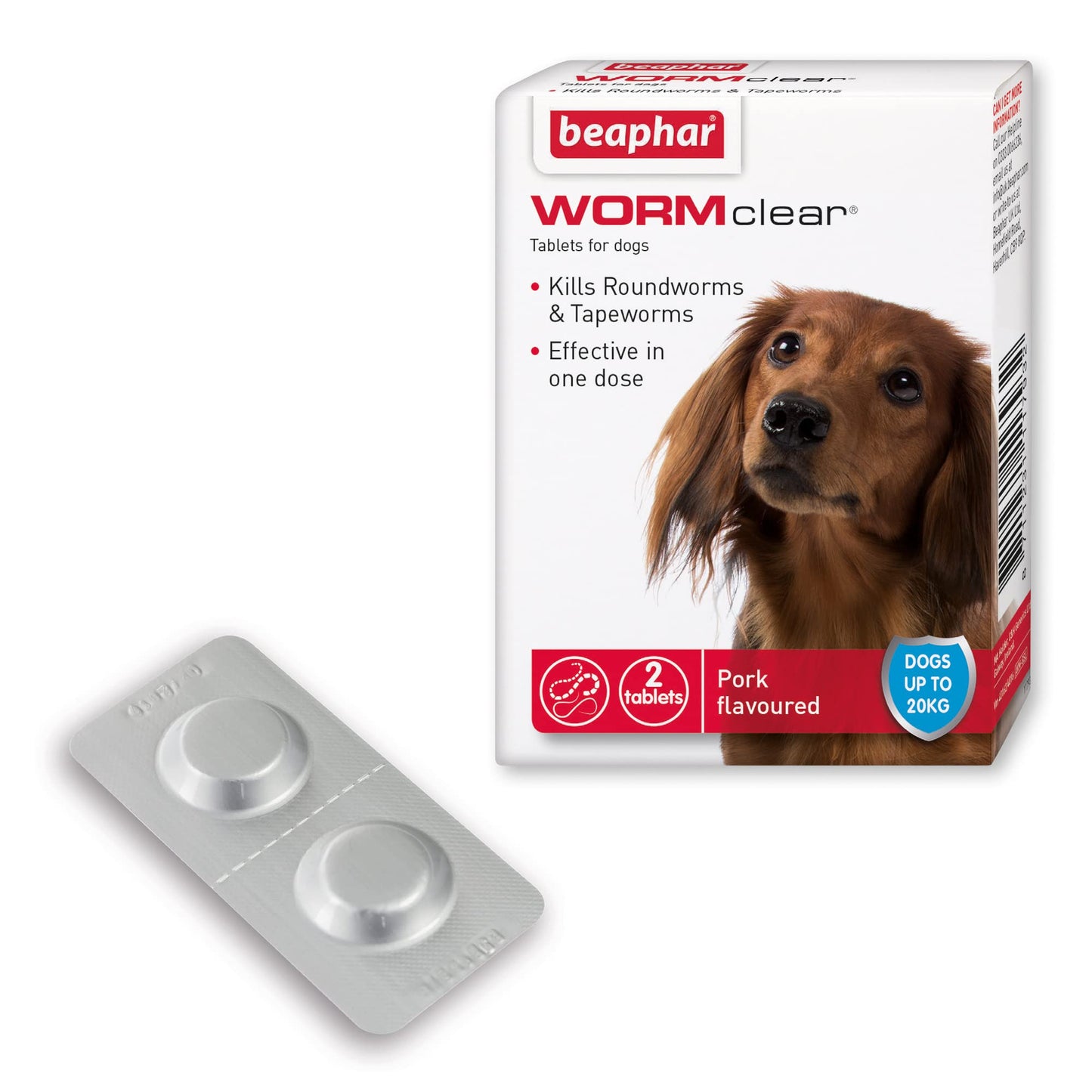 Beaphar | WORMclear® Tablets for Dogs up to 40kg | Kills All Common UK Intestinal Worms (Roundworms & Tapeworms) | Vet Strength Treatment | Pork-flavoured | 4 tablets