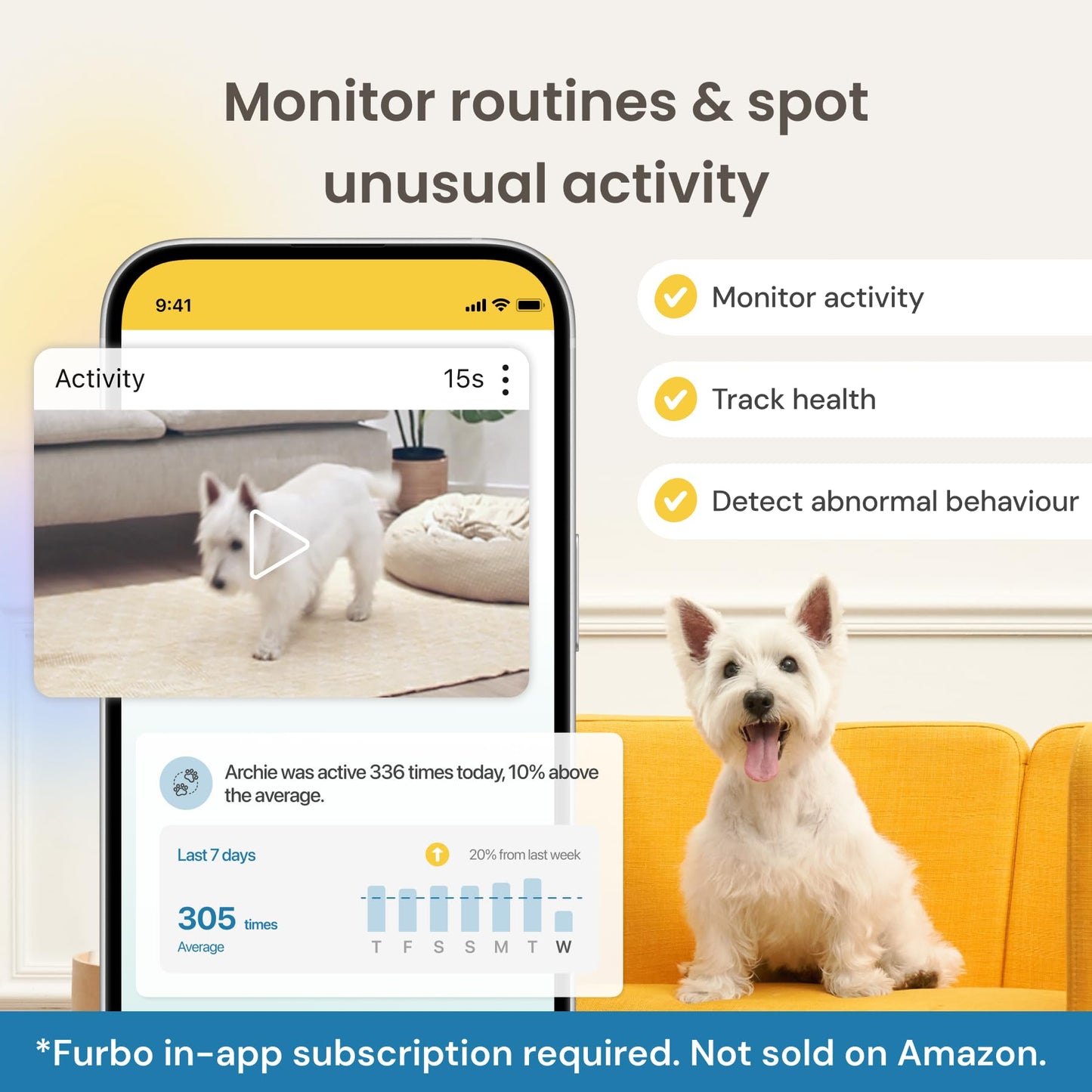 Furbo 360° Pet Camera w/Home Safety Package [PREMIUM W/SUBSCRPITION] Smart Pet Monitor w/App for Pet & Home, Rotating 360° View, Colour Night Vision, Auto-Tracking, Treat-toss, Barking, Smart Alert