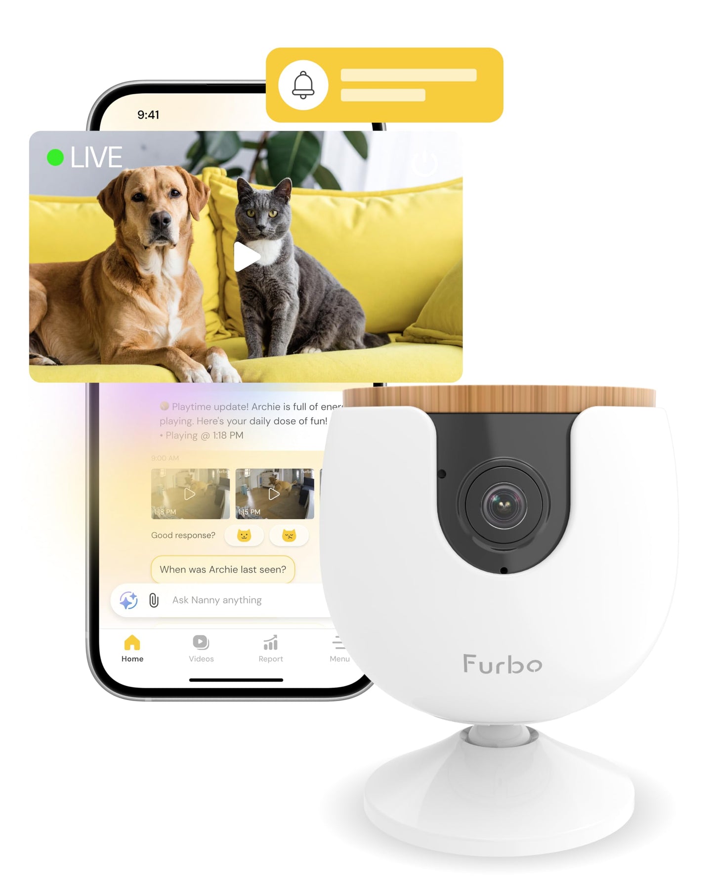 Furbo 360° Pet Camera w/Home Safety Package [PREMIUM W/SUBSCRPITION] Smart Pet Monitor w/App for Pet & Home, Rotating 360° View, Colour Night Vision, Auto-Tracking, Treat-toss, Barking, Smart Alert