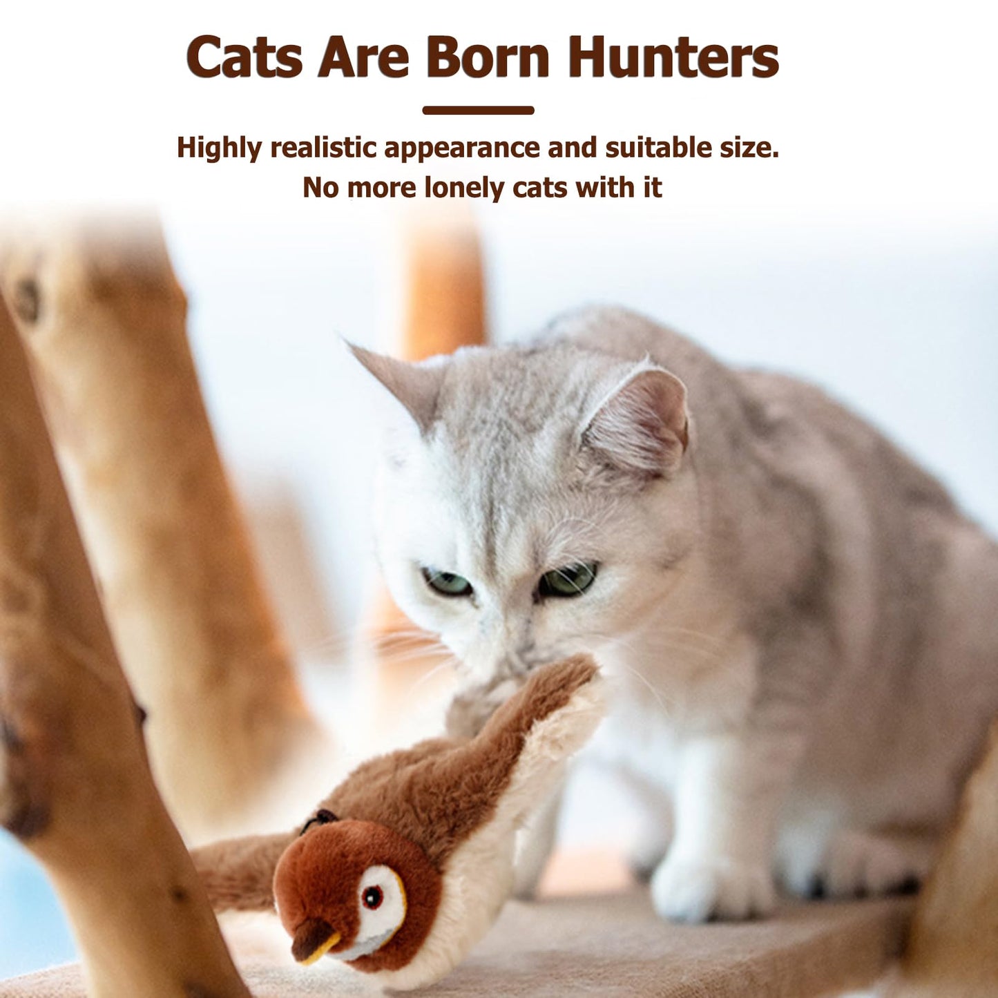 Cat Toys, Interactive Chirping Bird Cat Toy Flapping Wings, Simulated Electric Flying Bird Cat Toy, Touch Activated, Rechargeable Flying Bird Cat Toy for Indoor Cats (Sparrow)