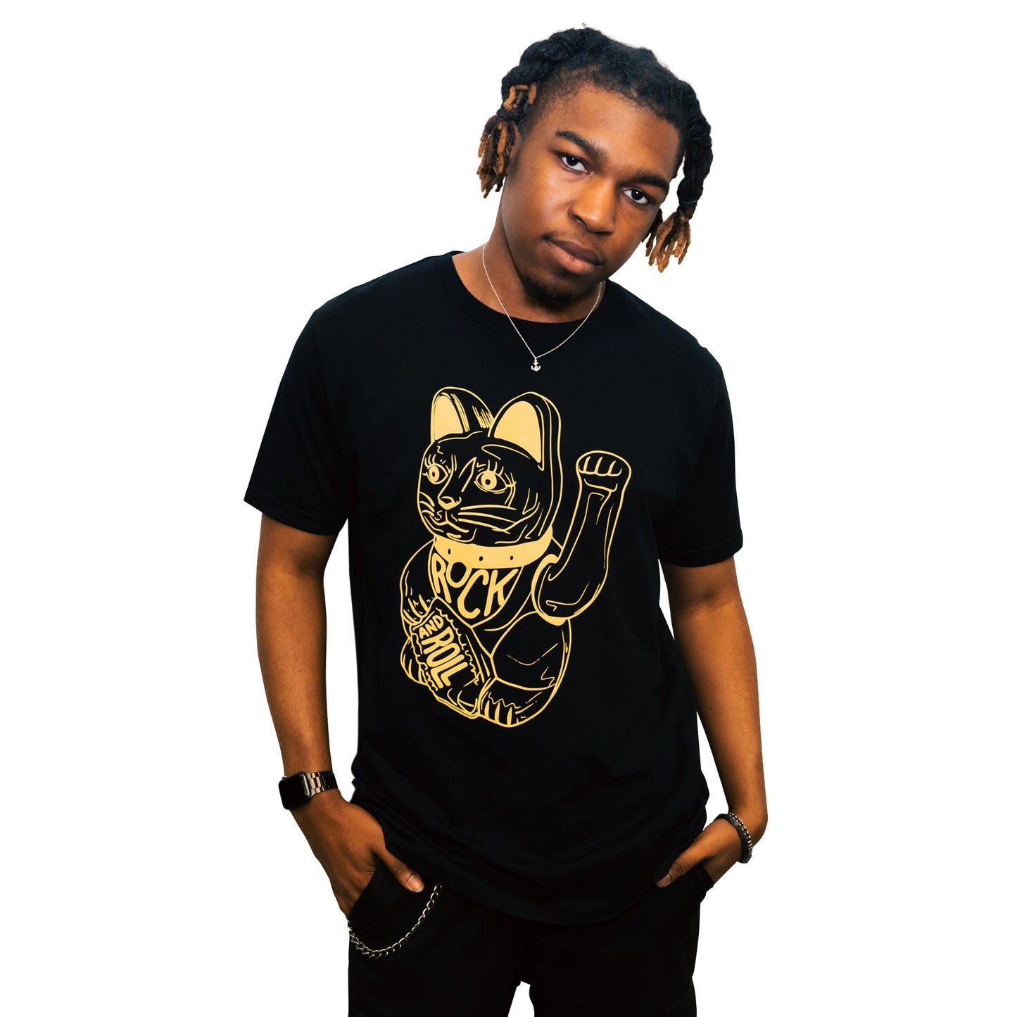 DB DEADBEAT Lucky Cat Rock and Roll Motif Screen Printed Eco-Friendly Unisex Black T-Shirt for Men, Women and Teens