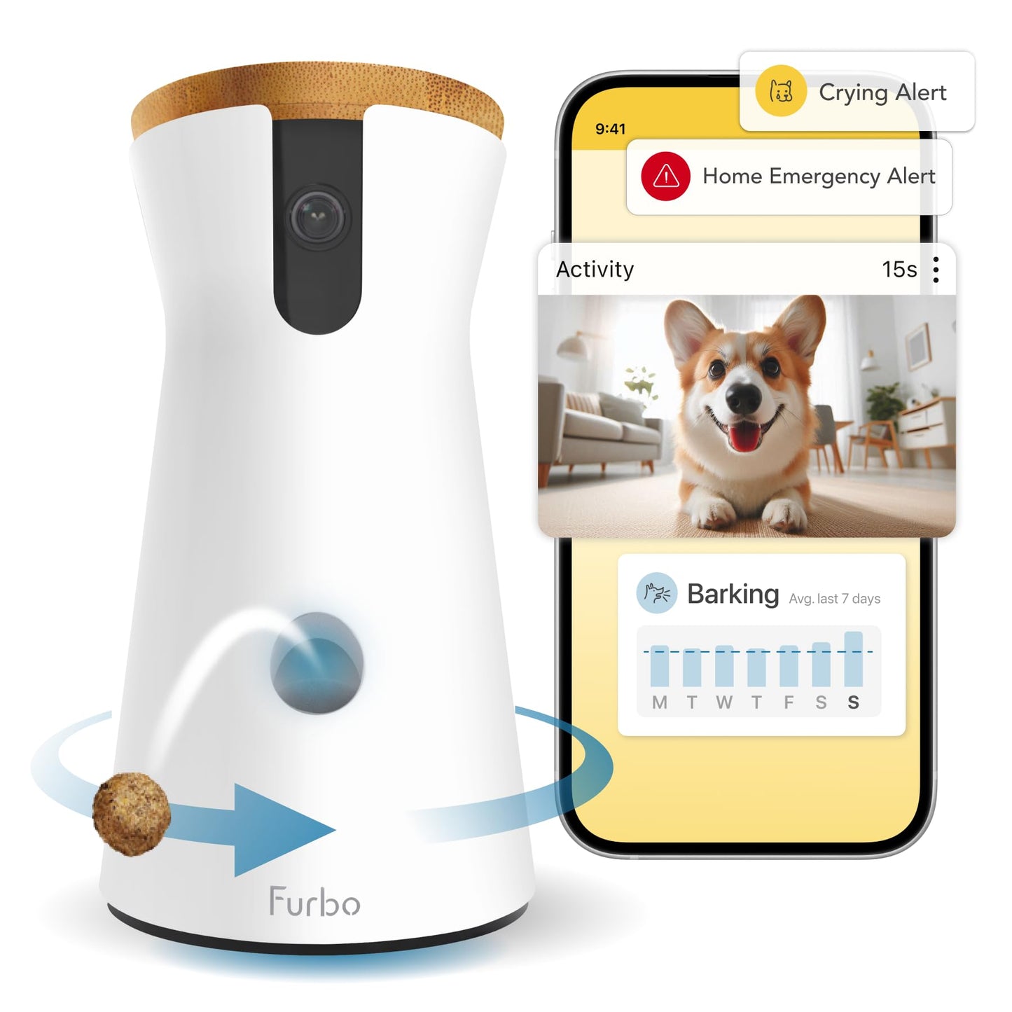 Furbo 360° Dog Camera w/Home Safety Package [PREMIUM W/SUBSCRPITION] Smart Pet Monitor w/App for Dog & Home, Rotating 360° View, Colour Night Vision, Auto-Tracking, Treat-toss, Barking, Smart Alert