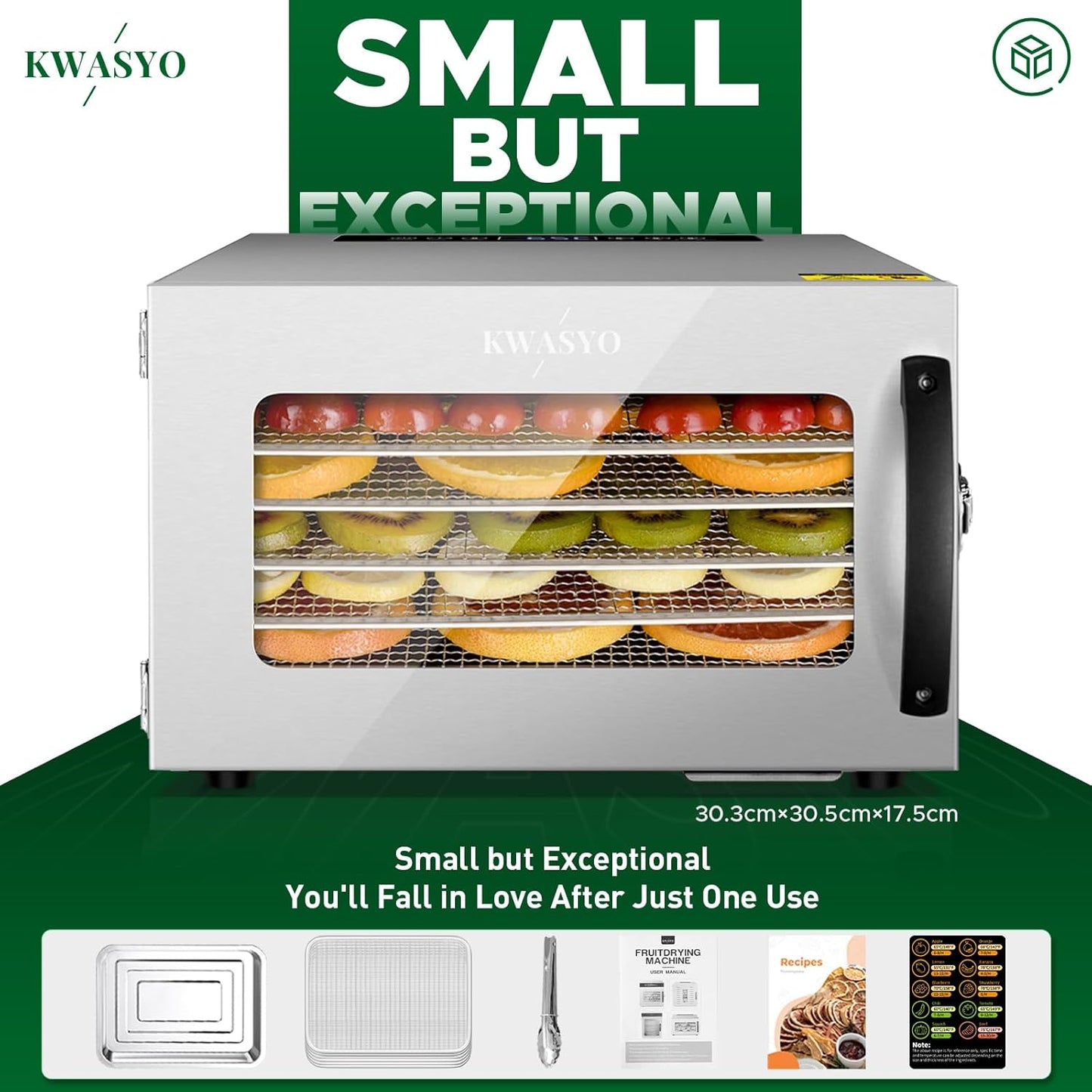 Kwasyo Stainless Steel Food Dehydrator, 6 Tray Fruit Dryer Machine with Free Recipe Book, BPA-Free, 30~90℃ Temperature Setting, Max 24h, Dehydrator Food Dryer UK for Vegetables, Meats, Chili-400W