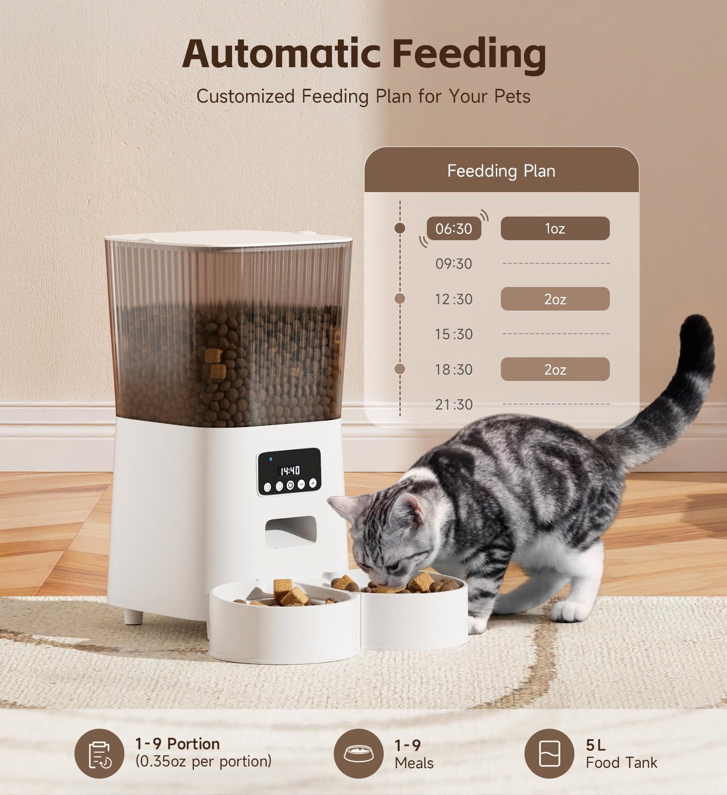 5L Cat Feeder Automatic with Timer, Automatic Cat Feeder, 1-9 Meals Per Day, Cats Food Dispenser with 2 Bowl, Auto Pet Feeder for 2 kittens and Small Dogs, Dual Power Supply     FREE DELIVERY