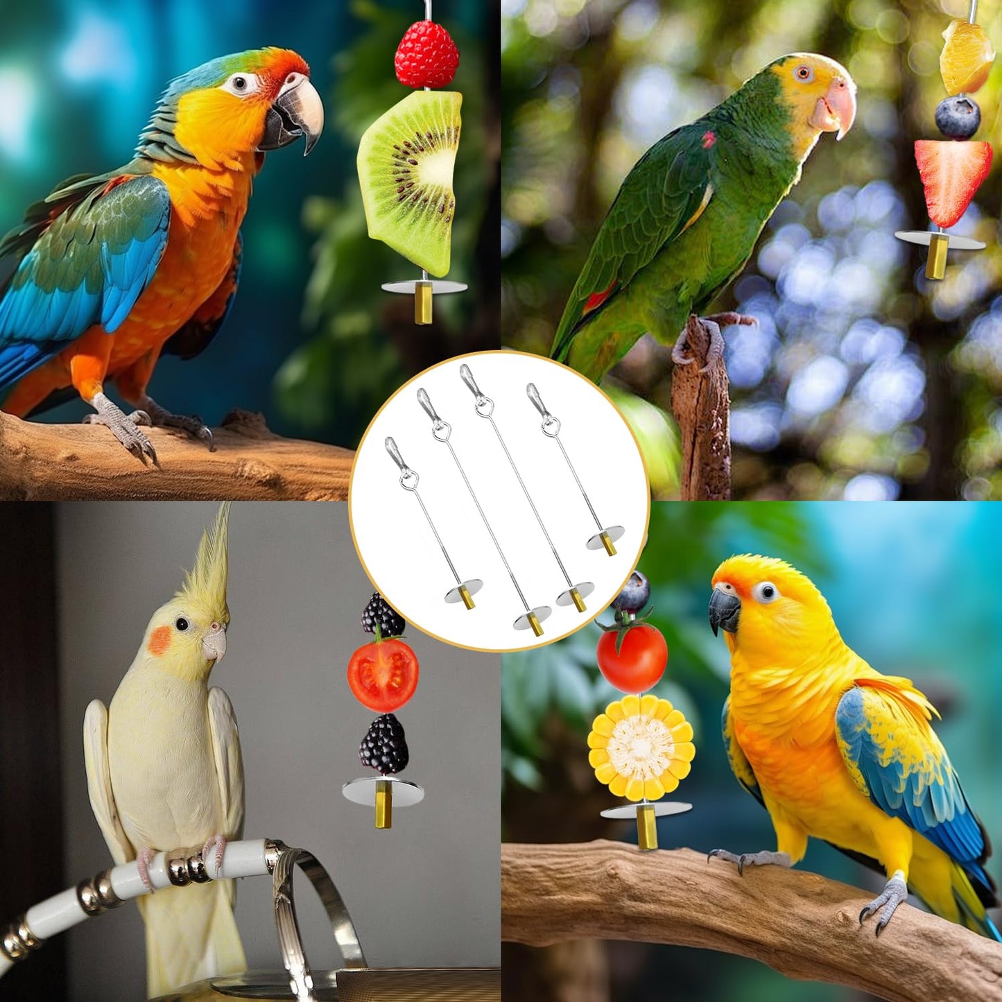 UTXN Parrot Fruit Skewers & Bird Parrot Apple Feeder - 2 PCS Stainless Steel Bird Fruit Skewers, Parrot Treats Food Holder Toy for Budgie, Cockatiel, Parakeet (Silver)