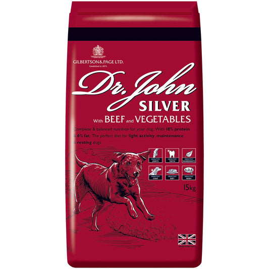 Dr John Silver Dry Dog Food 15kg - Beef with Vegetables - Complete Dog Biscuits 15kg - Senior and Adult Dog Food for Light Activity, Maintenance and Resting Dogs
