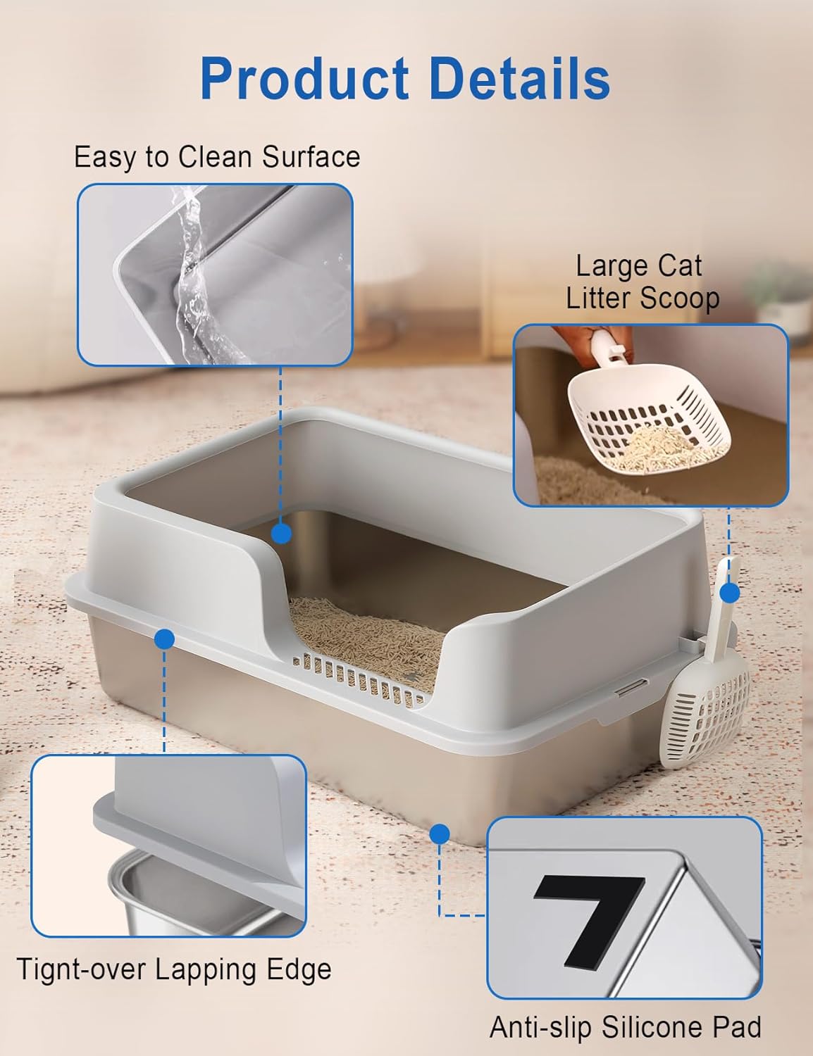 FURRYPAWS XL Stainless Steel Cat Litter Tray, Easy to Clean and Leak-Proof Stainless Steel Litter Box, 20L Large Cat Litter Trays with Litter Scoop (61x41x30cm)