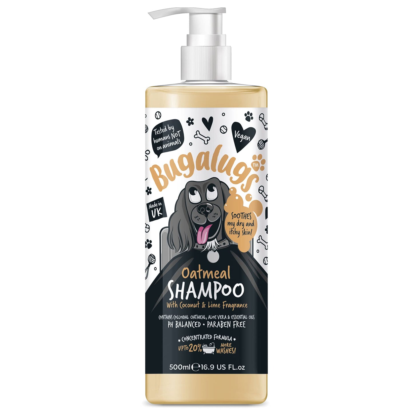 BUGALUGS Itchy Dog Shampoo with Oatmeal & Aloe Vera Dog professional Vegan dog grooming products for smelly dogs with fragrance can use as puppy shampoo (500ml)