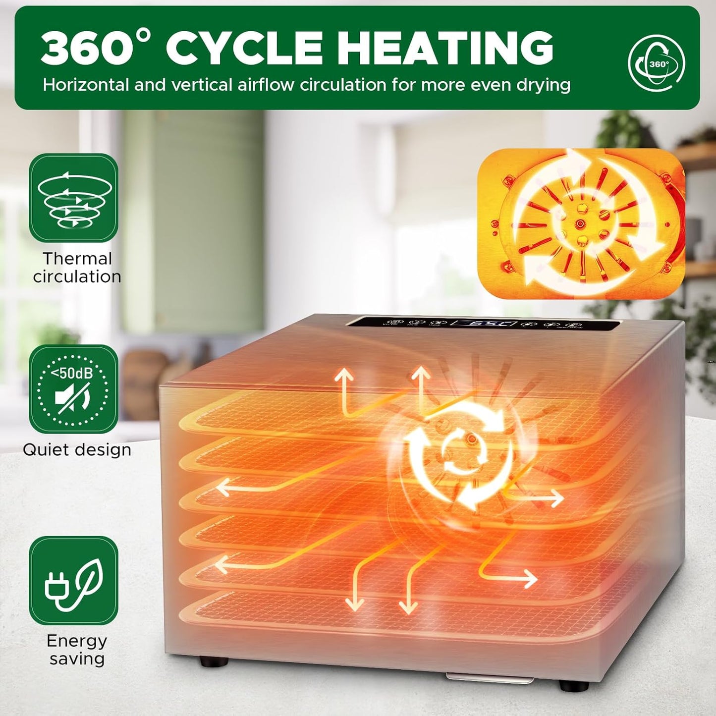 Kwasyo Stainless Steel Food Dehydrator, 6 Tray Fruit Dryer Machine with Free Recipe Book, BPA-Free, 30~90℃ Temperature Setting, Max 24h, Dehydrator Food Dryer UK for Vegetables, Meats, Chili-400W
