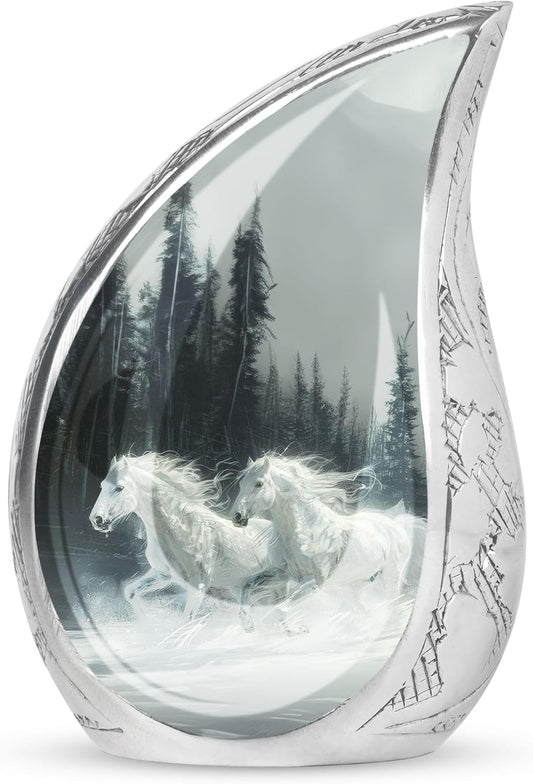 YASUBJAG White Horse Urn for Ashes Adult Male, Large Decorative Urn 10 Inches, Teardrop Urn for Ashes, Memorial Urns for Human Ashes Large, Funeral Cremation Urns for Ashes, Urn for Ashes for Women