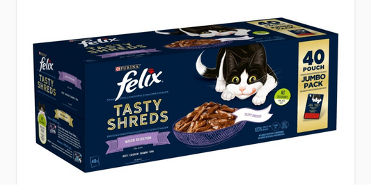 Felix Tasty Shreds Mixed Selection in Gravy Pouches 40 x 80g
