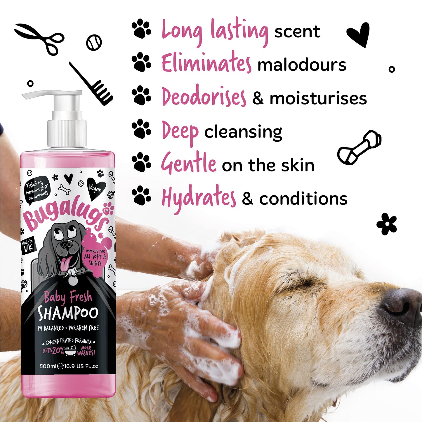BUGALUGS Baby Fresh Dog Shampoo grooming products for smelly dogs with baby powder scent, best puppy shampoo, Vegan pet shampoo professional (625ml)
