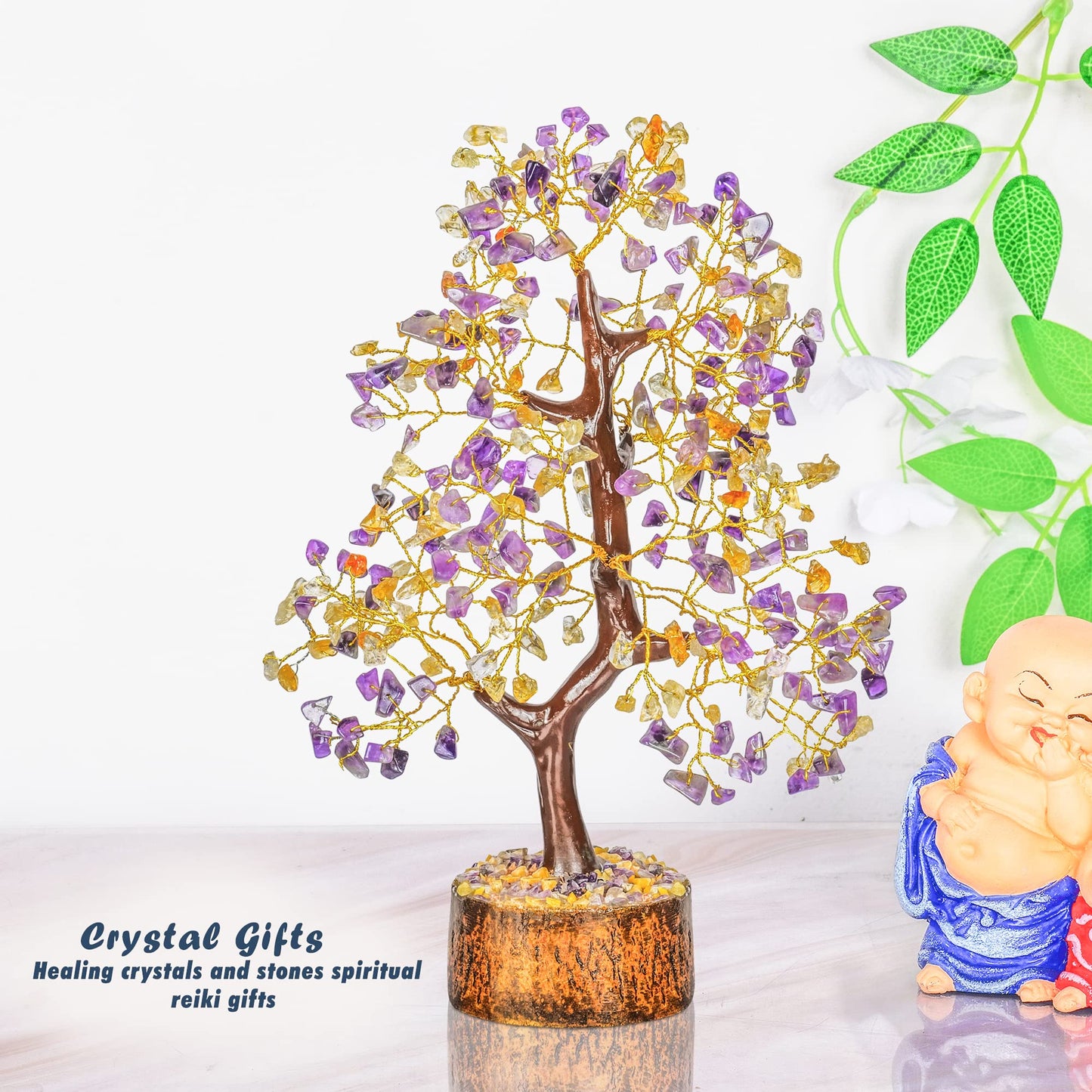 Tree of Life Gemstone Bonsai - Artificial Home and Office Decor, Spiritual Gift With Chakra Stones, Love Stone, Positive Energy - Crystal Rose Quartz
