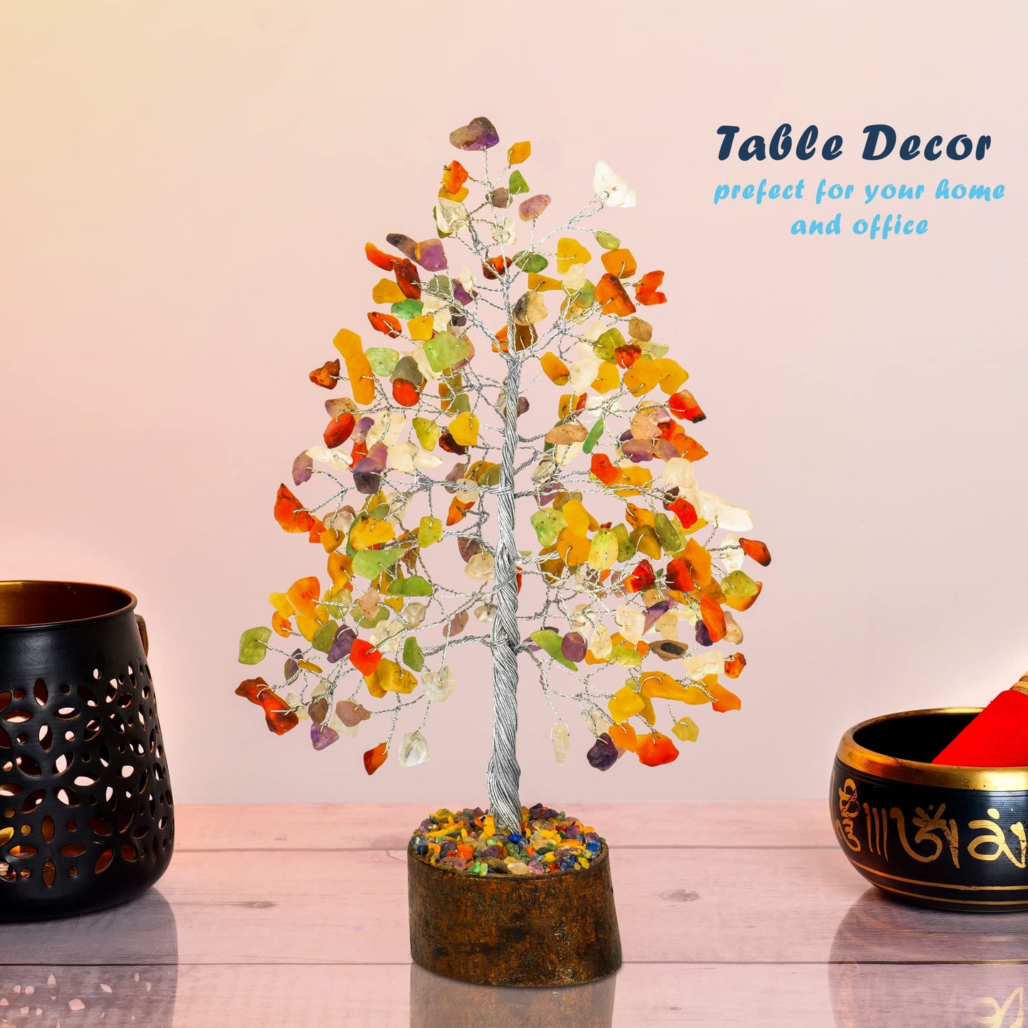 Tree of Life Gemstone Bonsai - Artificial Home and Office Decor, Spiritual Gift With Chakra Stones, Love Stone, Positive Energy - Crystal Rose Quartz