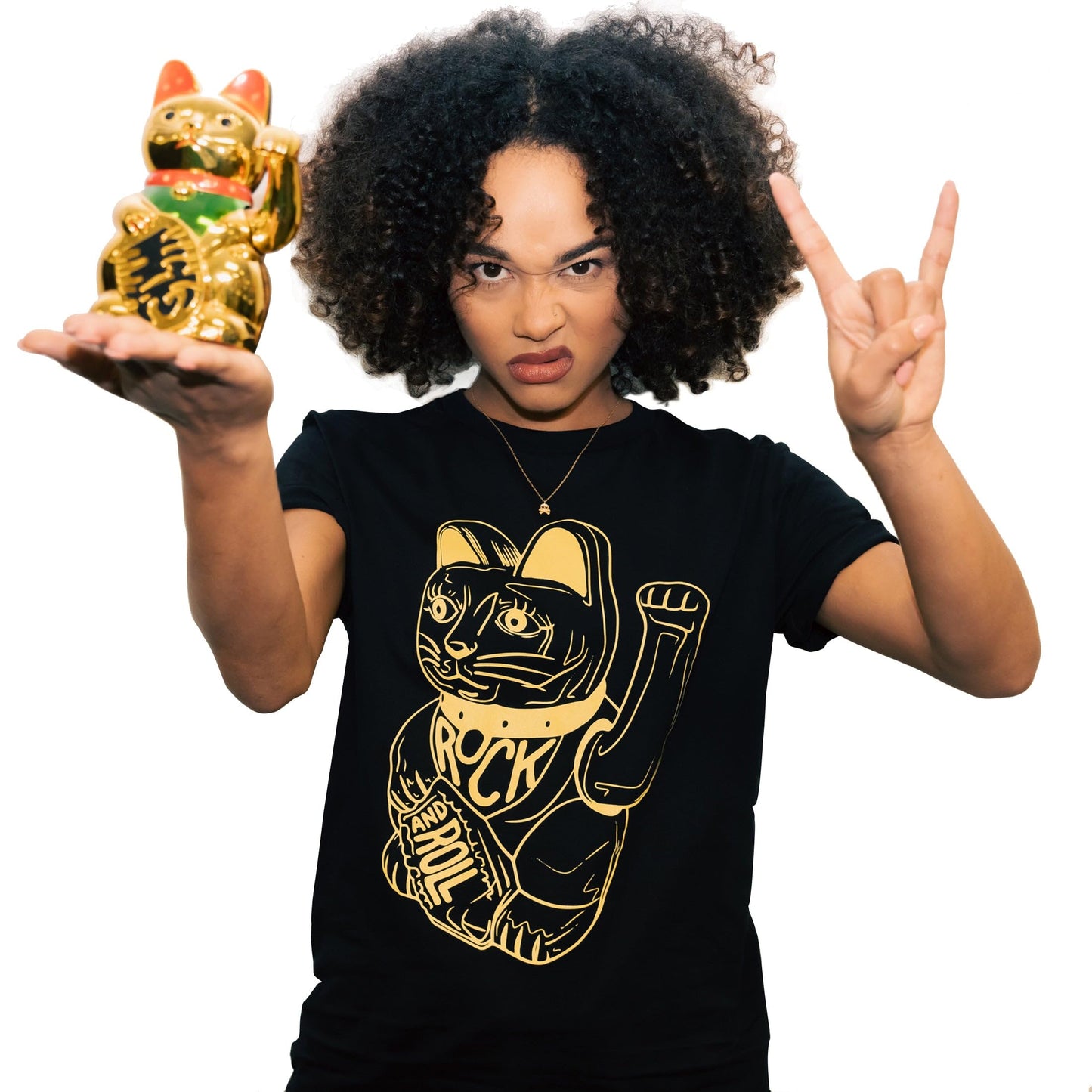 DB DEADBEAT Lucky Cat Rock and Roll Motif Screen Printed Eco-Friendly Unisex Black T-Shirt for Men, Women and Teens