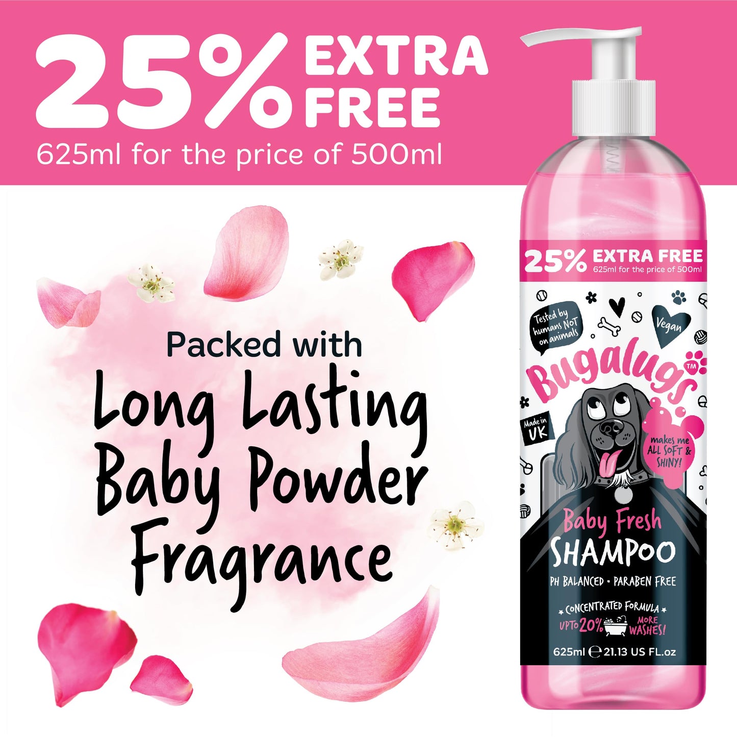 BUGALUGS Baby Fresh Dog Shampoo grooming products for smelly dogs with baby powder scent, best puppy shampoo, Vegan pet shampoo professional (625ml)