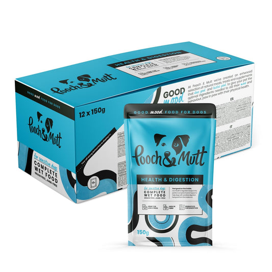 Pooch & Mutt - Health & Digestion, Complete Wet Dog Food (Grain Free), Turkey and Herring, Pack of 12 x 150g