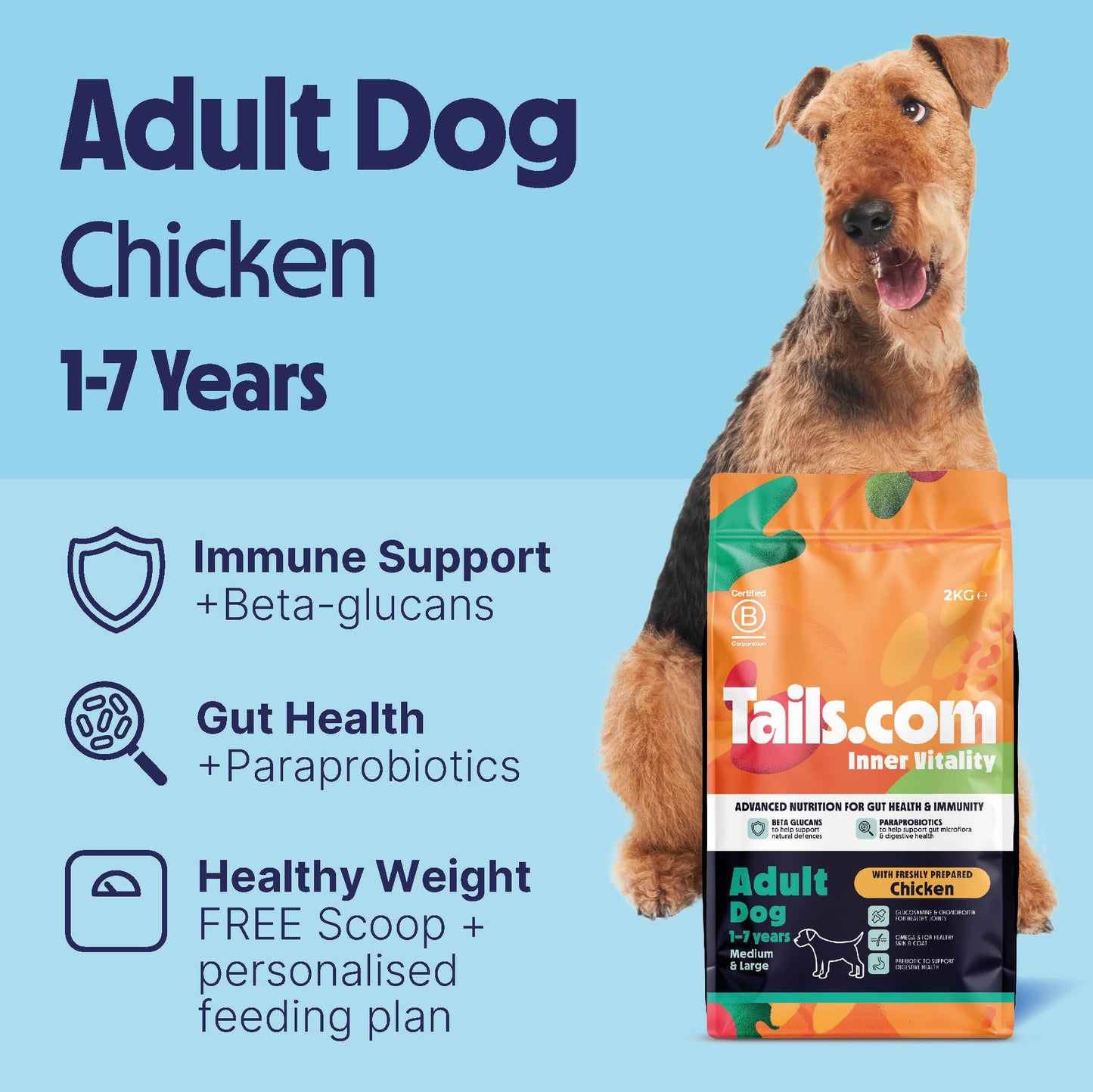 Tails.com Inner Vitality - Dry Dog Food Medium & Large Adult Chicken 2kg - 1-7 yrs - Source of glucosamine & chondroitin to support healthy joints