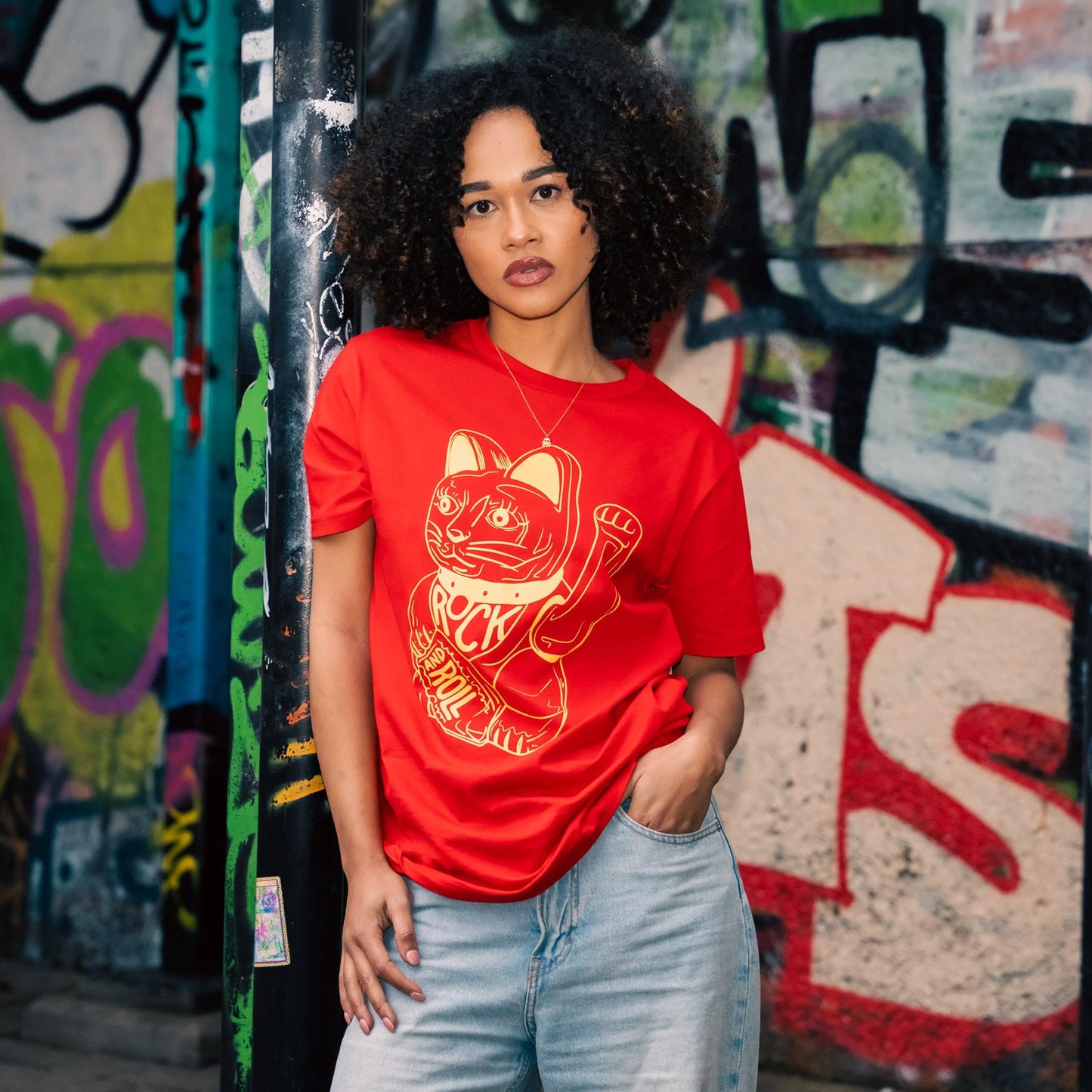 DB DEADBEAT Lucky Cat Rock and Roll Motif Screen Printed Eco-Friendly Unisex Red T-Shirt for Men, Women and Teens
