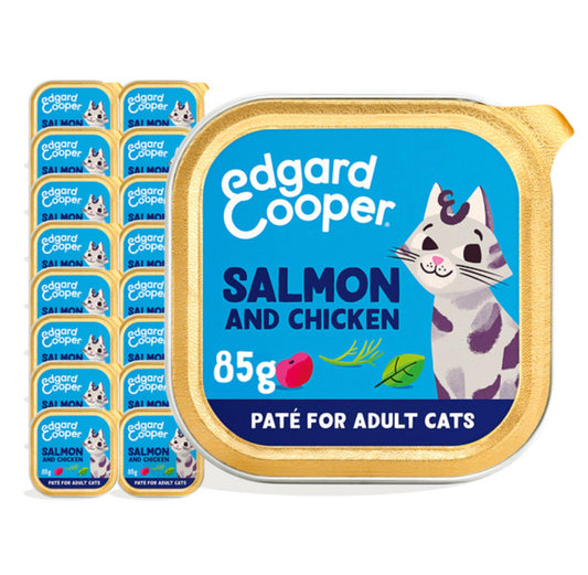 Edgard Cooper Grain Free Wet Cat Food Pate for Adult Cats (Salmon&Chicken 16 x 85g), Natural Cat Food in Cup for Sterilized or Active Cats, Fresh Meat, No Added Sugar
