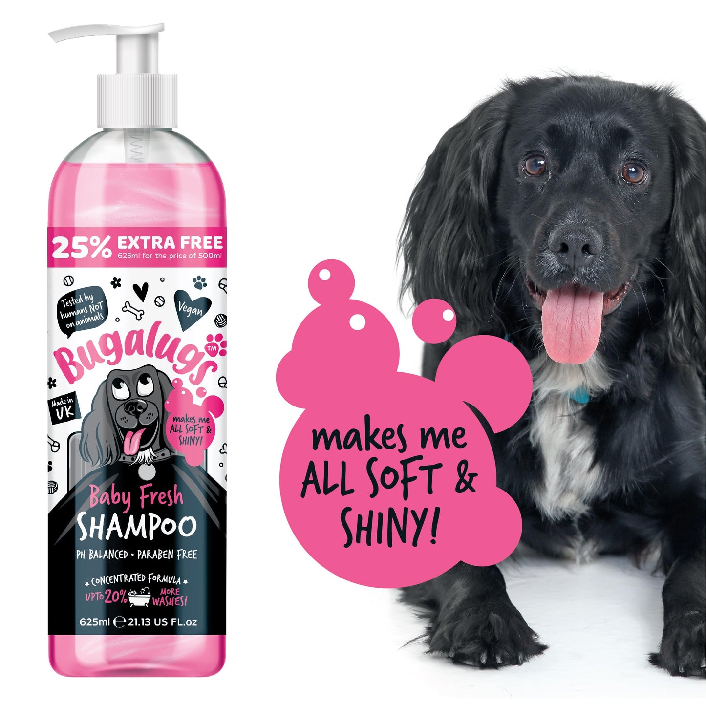 BUGALUGS Baby Fresh Dog Shampoo grooming products for smelly dogs with baby powder scent, best puppy shampoo, Vegan pet shampoo professional (625ml)