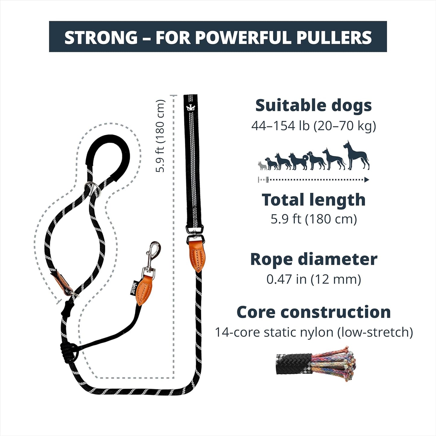 Figure of 8 Slip Lead for Dogs, Dual-Use No-Pull Training Leash with Stopper, Neoprene Nose Padding, Reflective Safety Strip and Robust Static 14-Core Nylon Rope