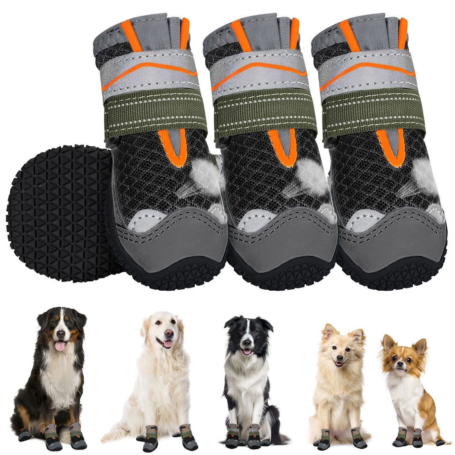 Eyein Dog Boots Paw Protector, Breathable Dog Boots for Injured Paws Waterproof, Dual Adjustable Washable Non-Slip Dog Shoes for Walking, Reflective Dog Shoes for Small Medium Large Dogs(2pcs)