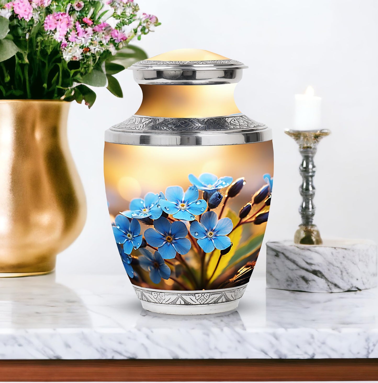 PARUHAS Cremation Forget Me Not Flower Urn - Urns for Ashes Adult Female & Dad Male - Funeral Urns Fopr Human Ashes - Burial Urns for Adult Human Ashes - Unique Urns for Human Ashes (Size - 10inch)