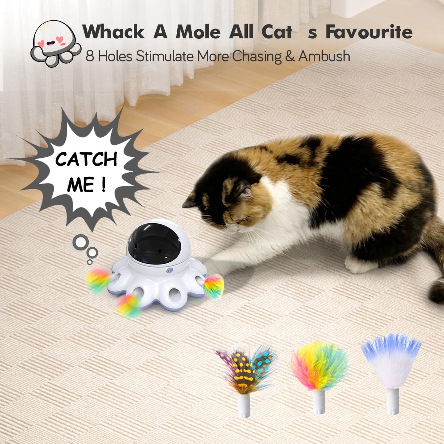 GoldenSun Cat Toy, 2-in-1 Interactive Cat Toys for Indoor Cats, Automatic Cat Toy, 8 Holes Mice Whack A Mole Moving Feather, USB Rechargeable Electronic Kitten Toys for All Breeds Black