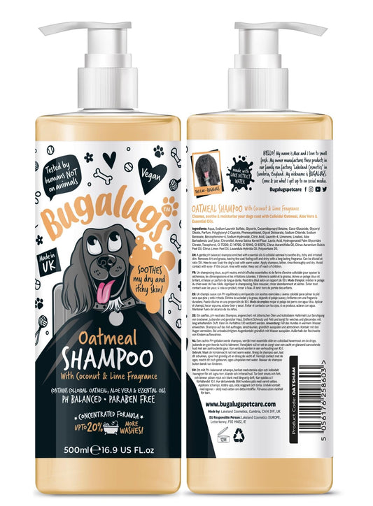 BUGALUGS Itchy Dog Shampoo with Oatmeal & Aloe Vera Dog professional Vegan dog grooming products for smelly dogs with fragrance can use as puppy shampoo (500ml)