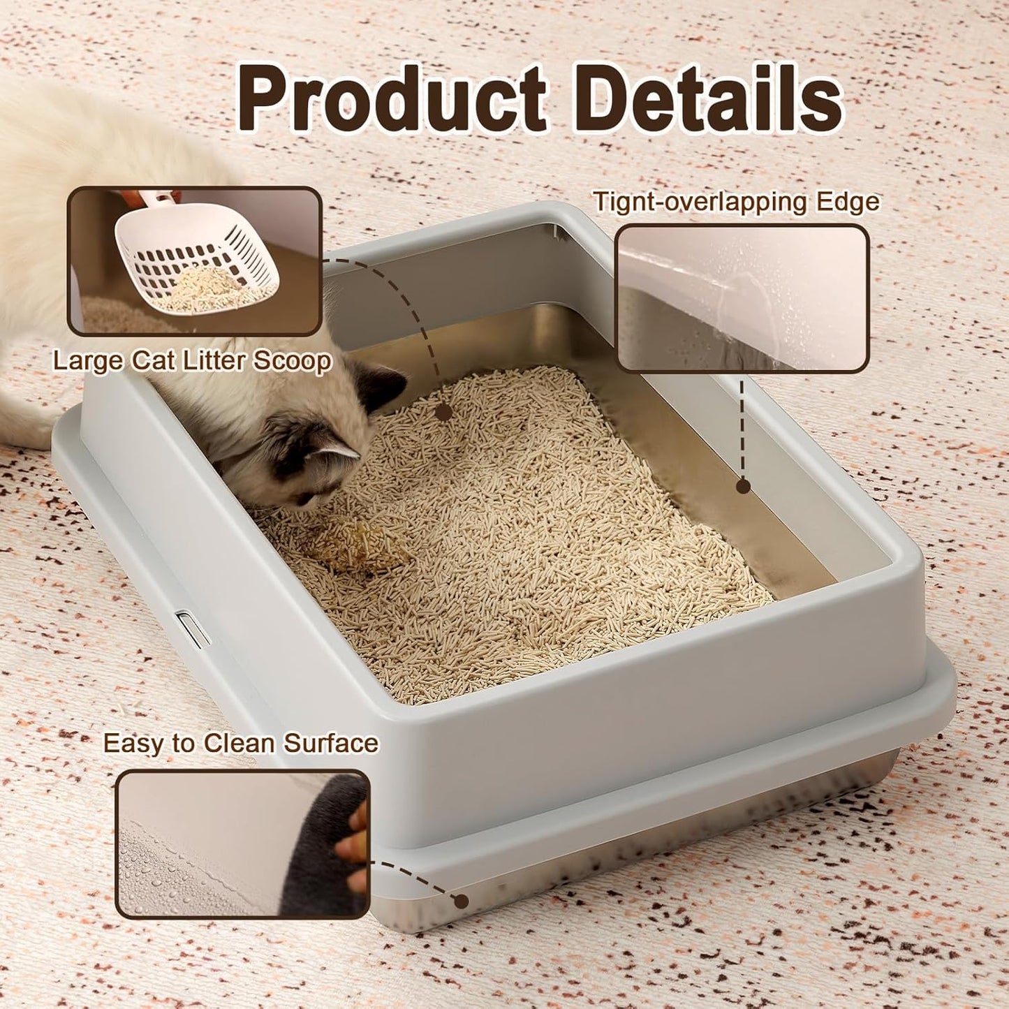 FURRYPAWS XL Stainless Steel Cat Litter Tray, Easy to Clean and Leak-Proof Stainless Steel Litter Box, 20L Large Cat Litter Trays with Litter Scoop (61x41x30cm)