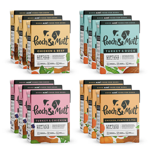 Pooch & Mutt - Variety Pack of Complete Wet Dog Food, Dry Dog Food Topper, 12x375g