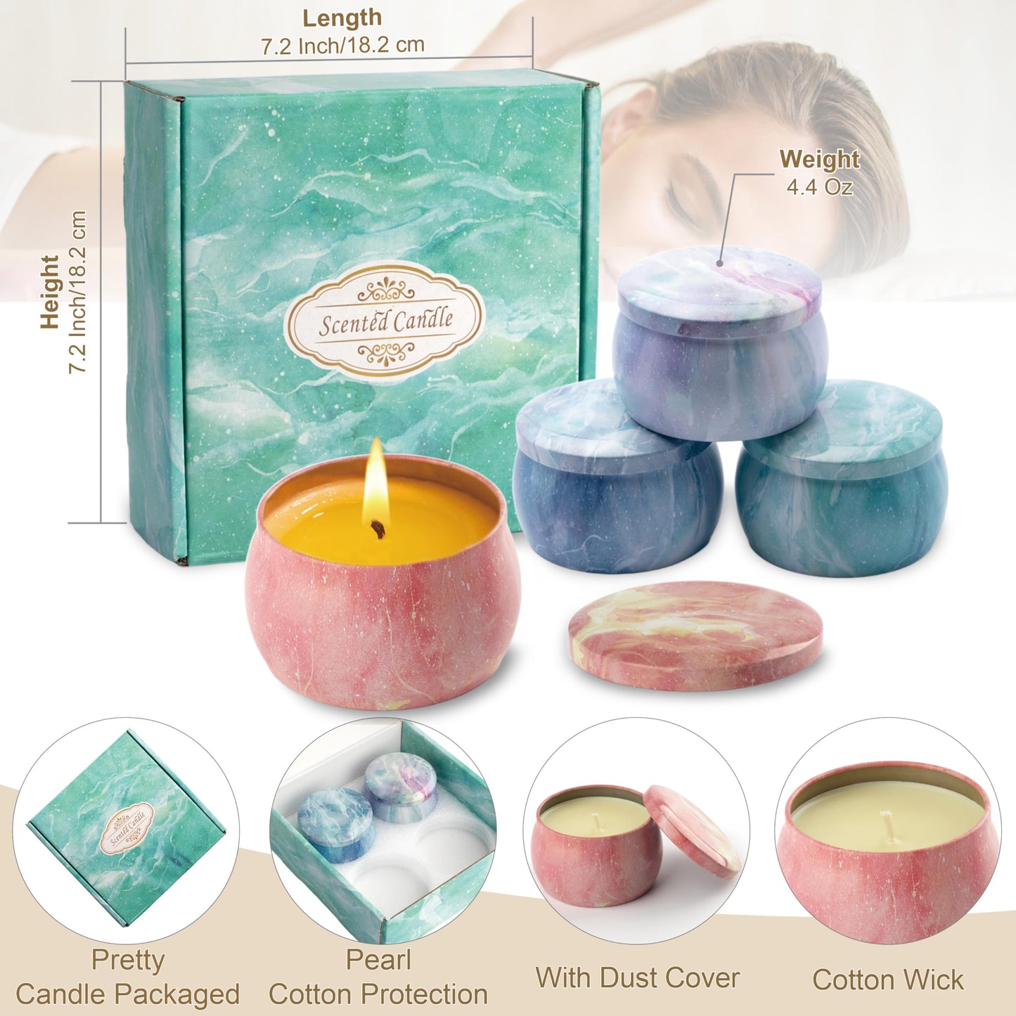 Auralome Scented Candles Sets for Women - Natural Soy Wax Aromatherapy Candle Small Gifts Long Burn Fragranced Aroma Candle Set of 4 4.4 Oz for Birthday Mum Teacher Mothers Day Christmas Diwali Bath
