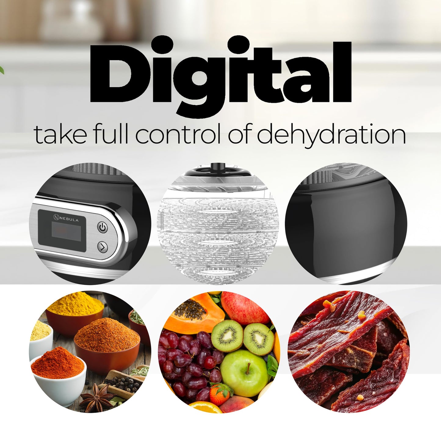 Nebula 450W Round 5 Tray Food Dehydrator | Adjustable Height, 35-70°C Temperature Control, 1-48 Hour Timer, Mesh Trays | Compact & Efficient Drying for Fruits, Vegetables, Meat, Herbs & Snacks