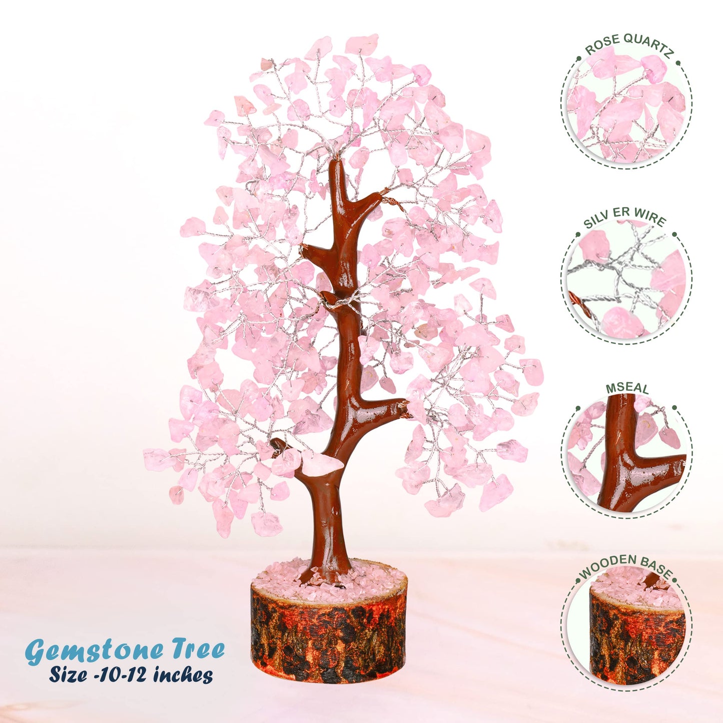 Tree of Life Gemstone Bonsai - Artificial Home and Office Decor, Spiritual Gift With Chakra Stones, Love Stone, Positive Energy - Crystal Rose Quartz