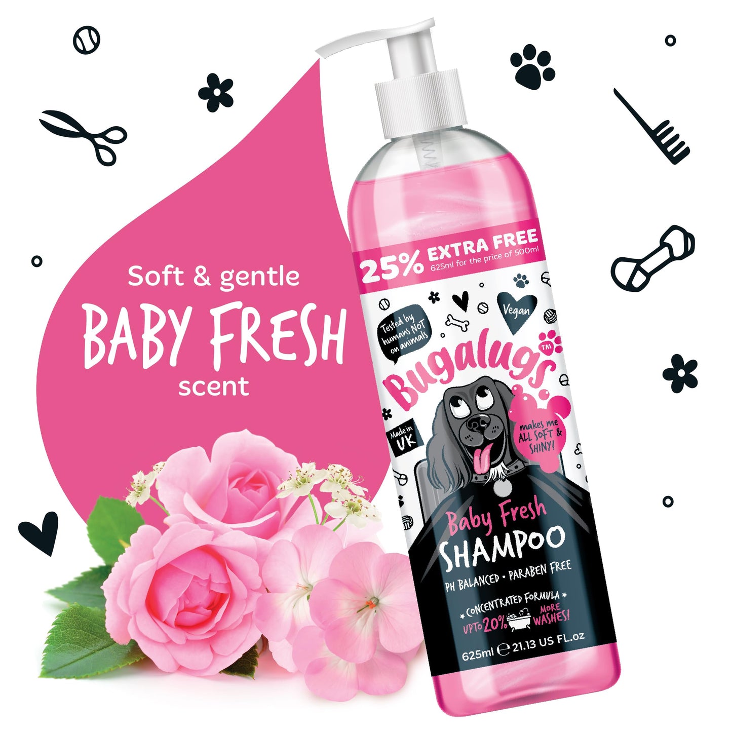 BUGALUGS Baby Fresh Dog Shampoo grooming products for smelly dogs with baby powder scent, best puppy shampoo, Vegan pet shampoo professional (625ml)