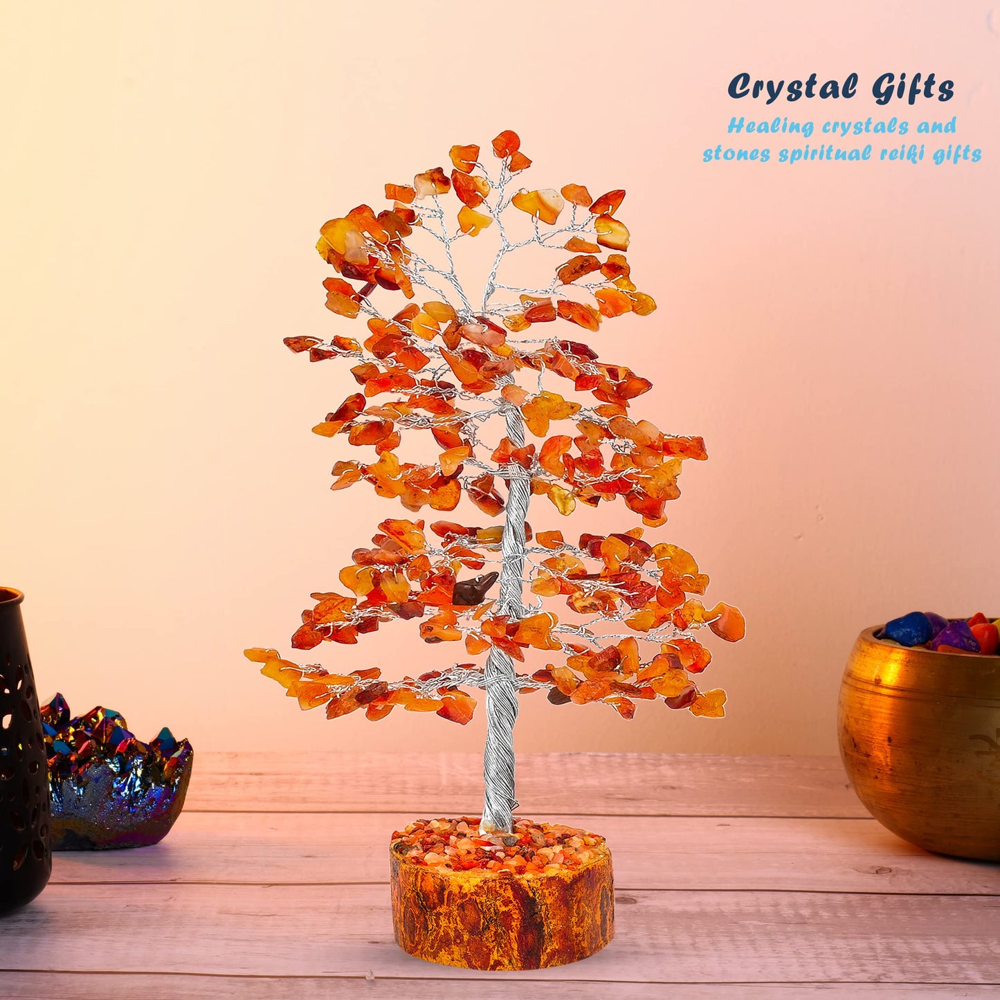 Tree of Life Gemstone Bonsai - Artificial Home and Office Decor, Spiritual Gift With Chakra Stones, Love Stone, Positive Energy - Crystal Rose Quartz