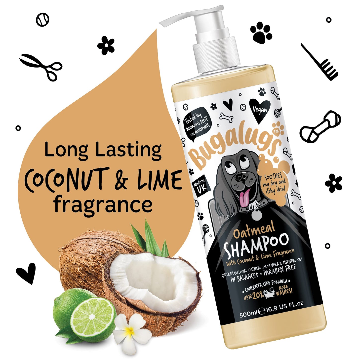 BUGALUGS Itchy Dog Shampoo with Oatmeal & Aloe Vera Dog professional Vegan dog grooming products for smelly dogs with fragrance can use as puppy shampoo (500ml)