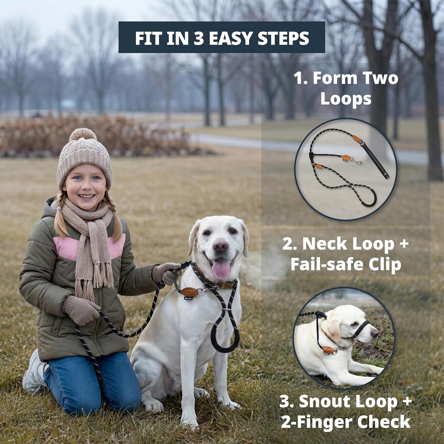 Figure of 8 Slip Lead for Dogs, Dual-Use No-Pull Training Leash with Stopper, Neoprene Nose Padding, Reflective Safety Strip and Robust Static 14-Core Nylon Rope