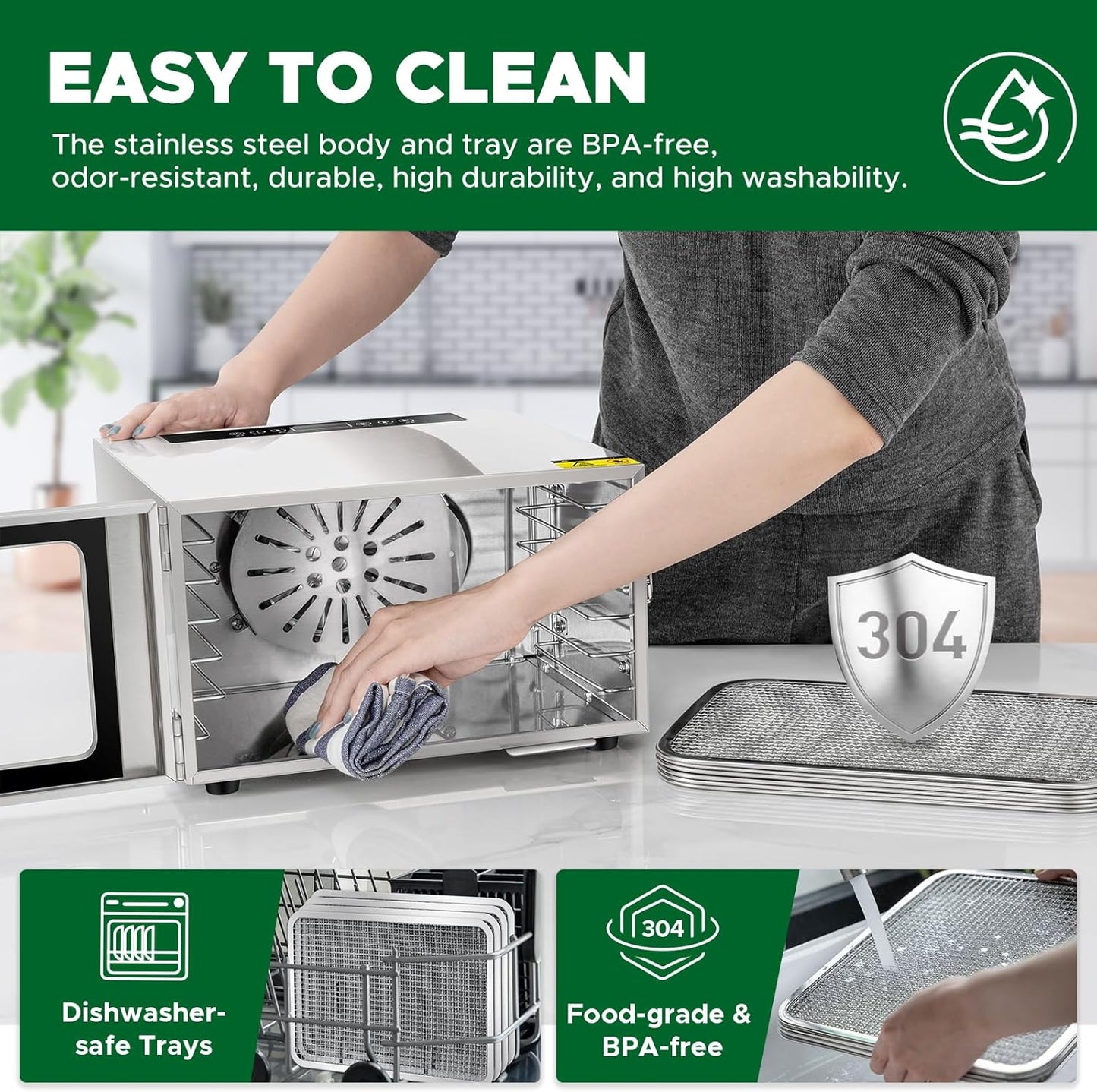 Kwasyo Stainless Steel Food Dehydrator, 6 Tray Fruit Dryer Machine with Free Recipe Book, BPA-Free, 30~90℃ Temperature Setting, Max 24h, Dehydrator Food Dryer UK for Vegetables, Meats, Chili-400W