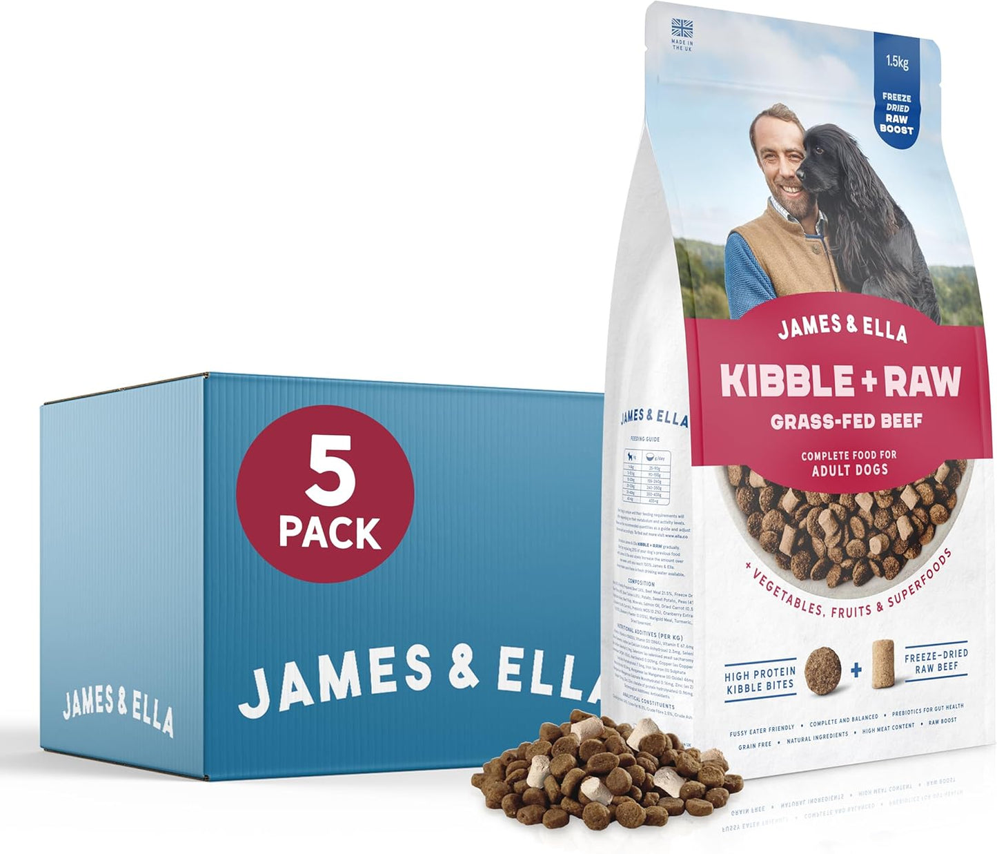 James & Ella Kibble + Raw Dog Food - Grass Fed Beef (1.5kg) ❘ Nutritious High Protein Kibble Combined with Freeze-Dried Raw Meat Nuggets, Contains Essential Oils & Minerals, Grain & Gluten Free