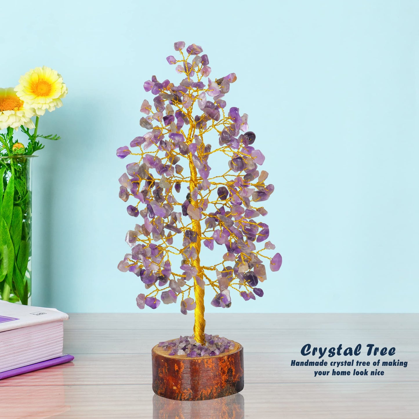Tree of Life Gemstone Bonsai - Artificial Home and Office Decor, Spiritual Gift With Chakra Stones, Love Stone, Positive Energy - Crystal Rose Quartz