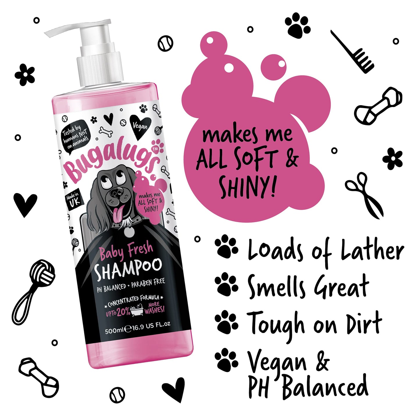 BUGALUGS Baby Fresh Dog Shampoo grooming products for smelly dogs with baby powder scent, best puppy shampoo, Vegan pet shampoo professional (625ml)