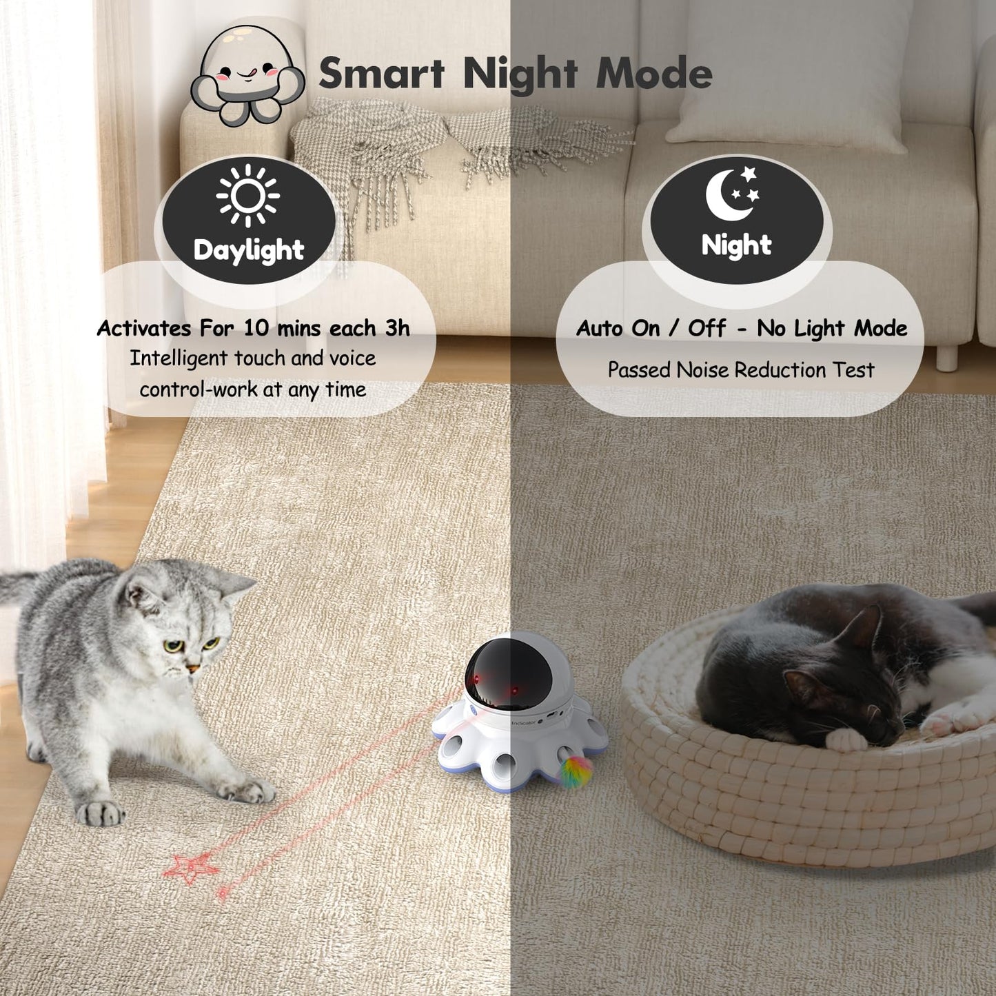 GoldenSun Cat Toy, 2-in-1 Interactive Cat Toys for Indoor Cats, Automatic Cat Toy, 8 Holes Mice Whack A Mole Moving Feather, USB Rechargeable Electronic Kitten Toys for All Breeds Black