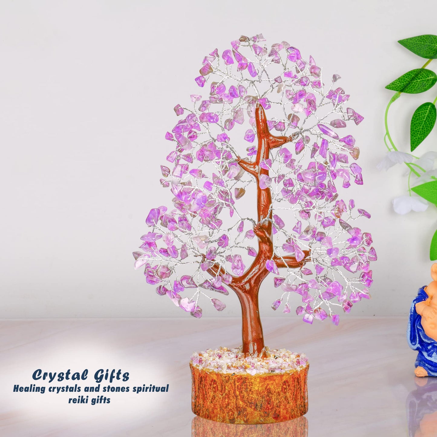 Tree of Life Gemstone Bonsai - Artificial Home and Office Decor, Spiritual Gift With Chakra Stones, Love Stone, Positive Energy - Crystal Rose Quartz
