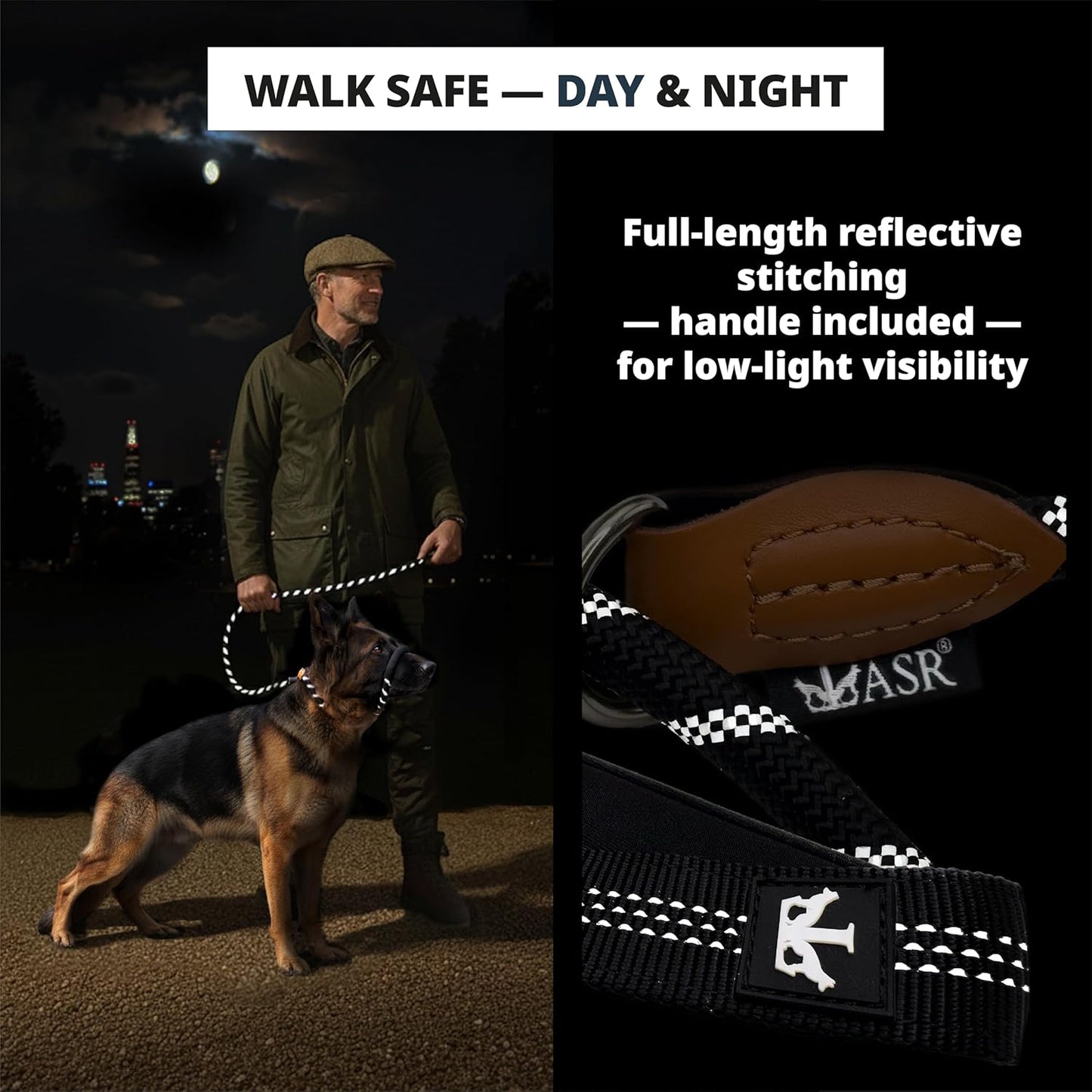 Figure of 8 Slip Lead for Dogs, Dual-Use No-Pull Training Leash with Stopper, Neoprene Nose Padding, Reflective Safety Strip and Robust Static 14-Core Nylon Rope