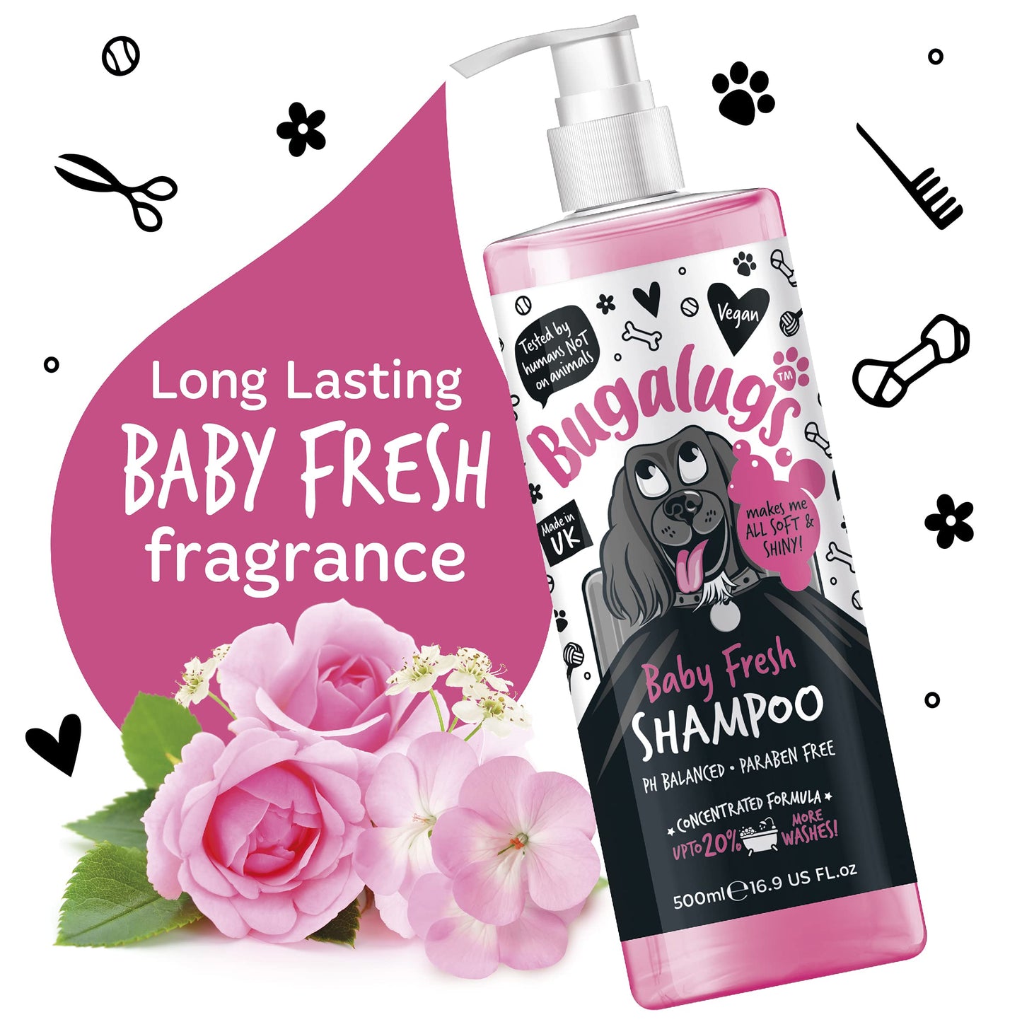 BUGALUGS Baby Fresh Dog Shampoo grooming products for smelly dogs with baby powder scent, best puppy shampoo, Vegan pet shampoo professional (625ml)