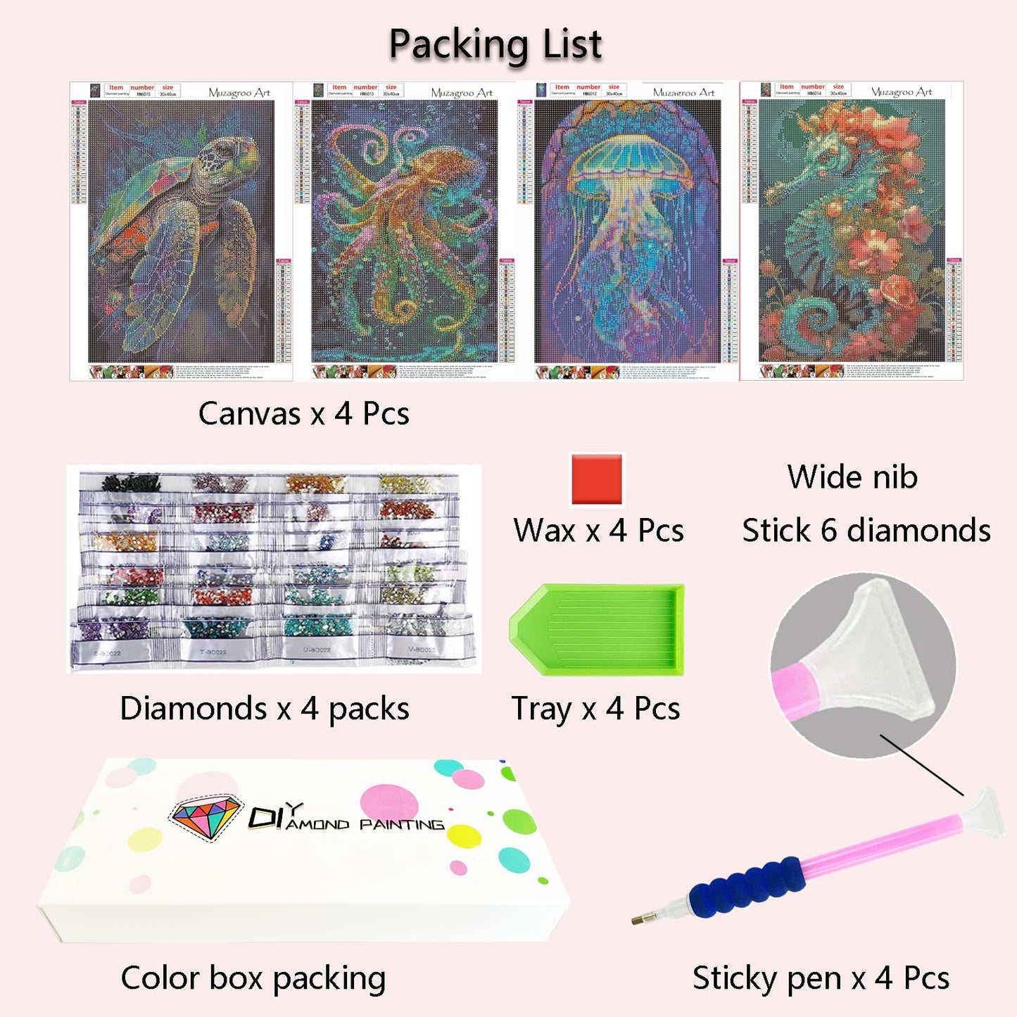 Muzagroo Art 5D Diamond Painting Kits for Adults, DIY Diamond Art Kits for Beginners, Turtle Diamond Dot Kits Gem Arts and Crafts for Living Room, Gem Painting Bedroom 4 PCS Wall Art