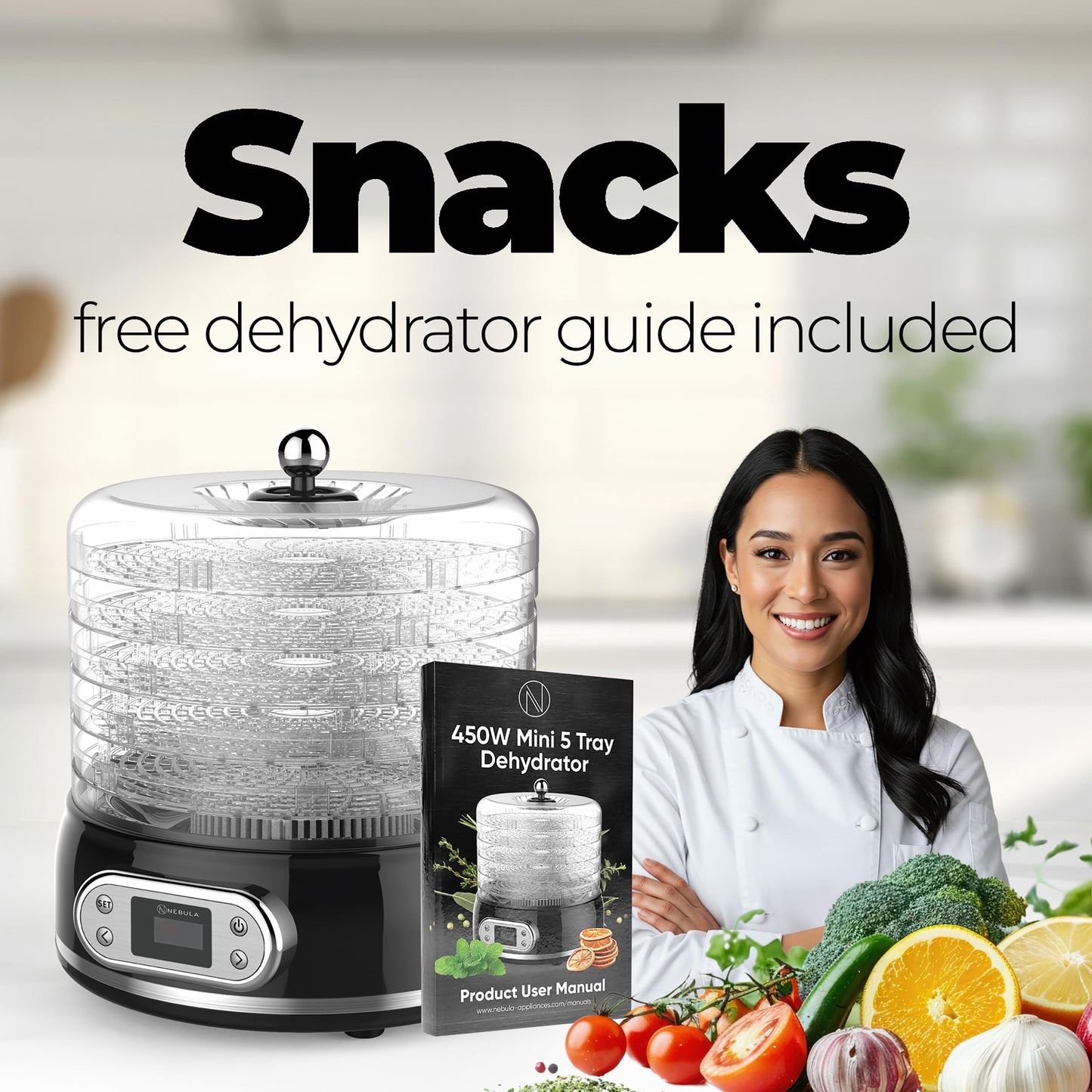 Nebula 450W Round 5 Tray Food Dehydrator | Adjustable Height, 35-70°C Temperature Control, 1-48 Hour Timer, Mesh Trays | Compact & Efficient Drying for Fruits, Vegetables, Meat, Herbs & Snacks
